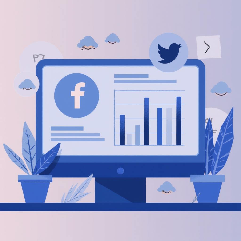 A computer screen framed by potted plants displays social media performance charts with a large Facebook icon and smaller Twitter icon. This blue-toned image represents the process of reviewing KPI social media data to assess campaign reach and growth trends.