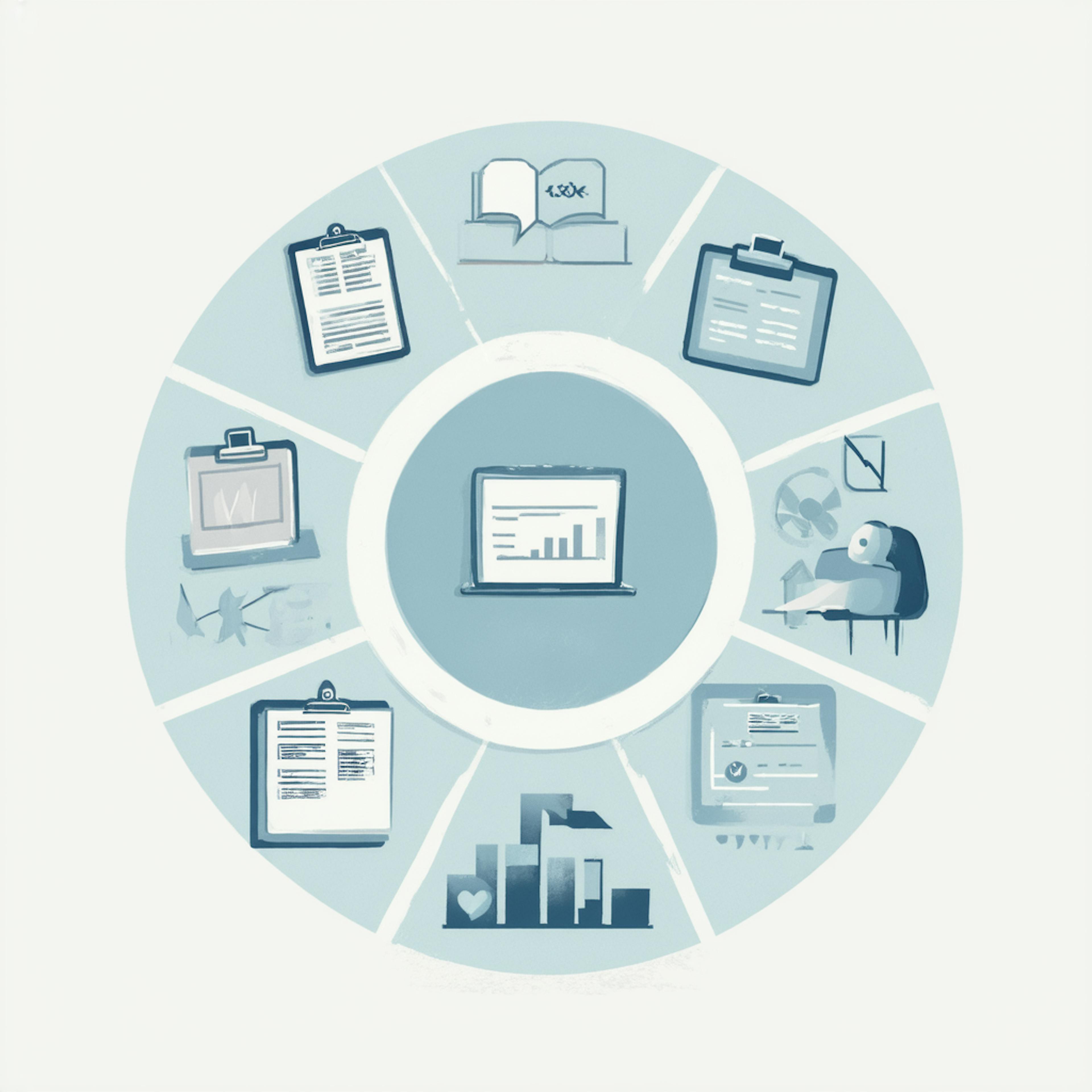 A circular infographic surrounds a central laptop screen with icons representing data collection, content analysis, charts, reporting, and digital engagement. This comprehensive layout illustrates the market research meaning in a holistic framework, encompassing various research methods and data sources.