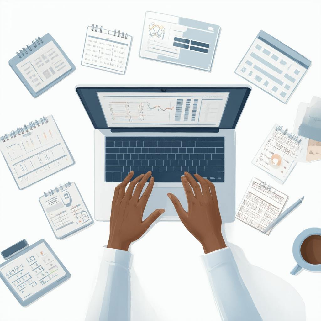 A top-down view of a person working on a laptop surrounded by charts, reports, and calendars. Their screen displays analytical dashboards. This image visually represents the process of managing campaign logistics through data monitoring, timeline planning, and strategic execution.