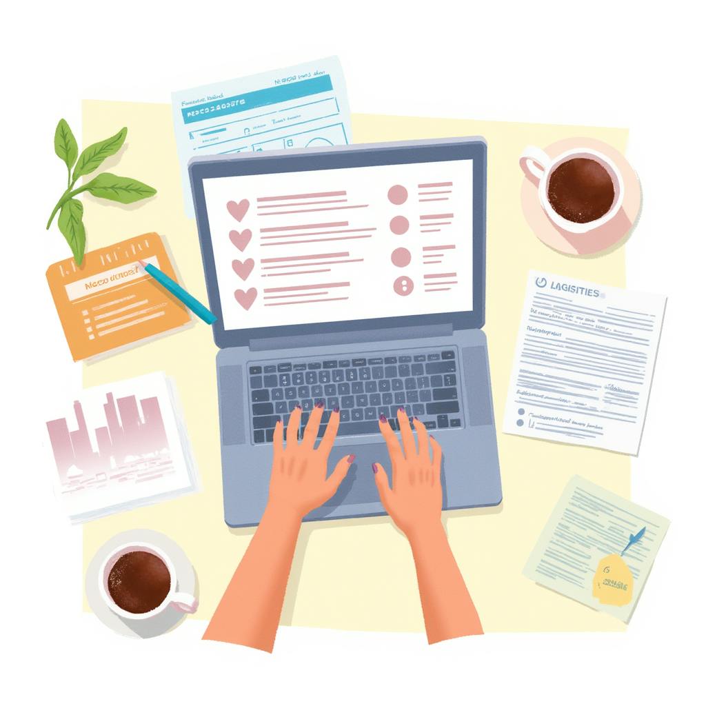 A person types on a laptop amid organized documents, coffee cups, and creative assets like mood boards and feedback forms. This colorful workspace captures a balance of creativity and coordination—essential for managing campaign logistics in a digital marketing setting.