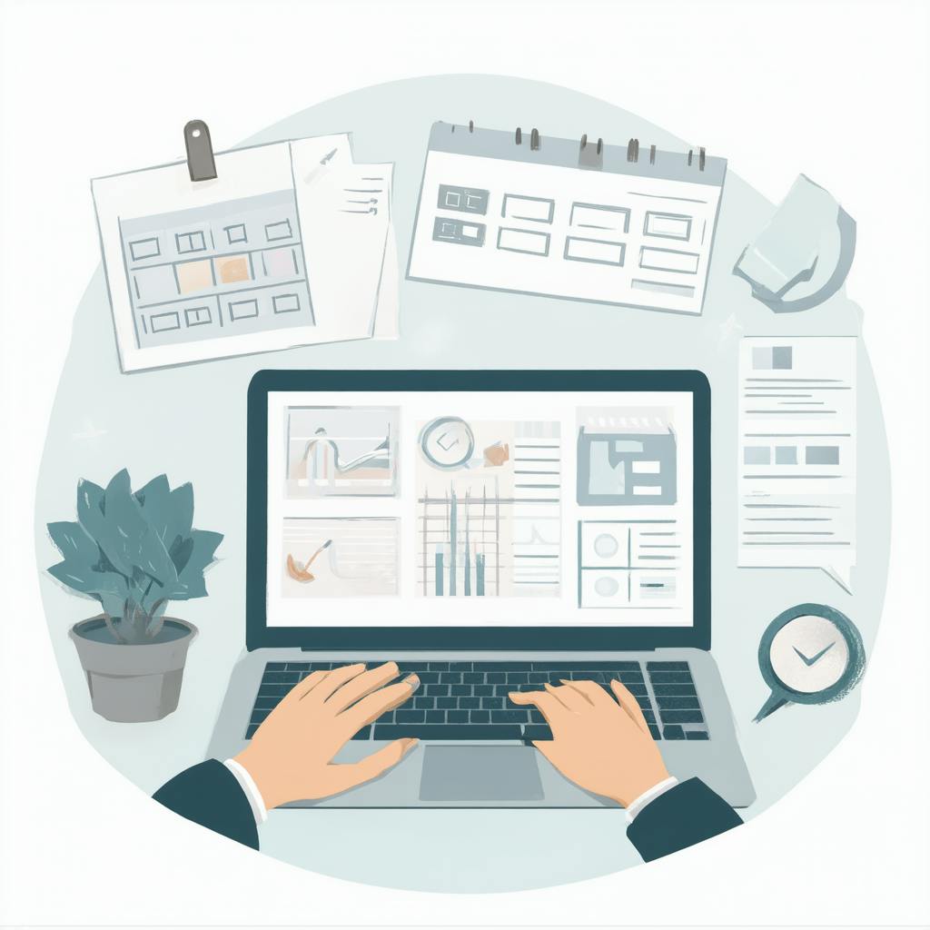A person works at a laptop with a screen full of analytical dashboards and planning grids. Surrounding them are sticky notes, schedule boards, and documents, all reflecting the detailed structure involved in managing campaign logistics for efficient execution.