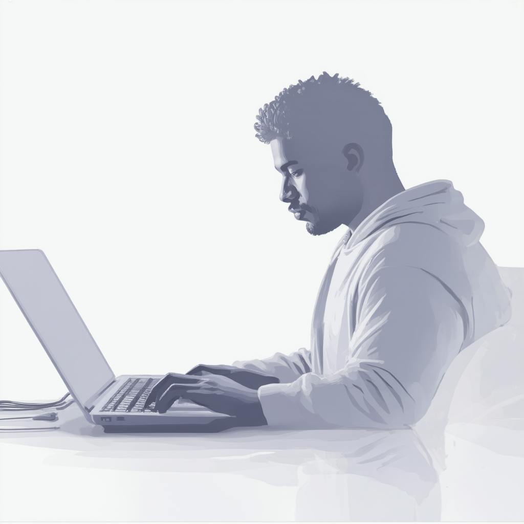 A grayscale illustration of a man in a hoodie intently working on his laptop. His expression and posture convey deep focus, symbolizing the creative process of editing text to make writing sound less AI—more natural, engaging, and human-centered.
