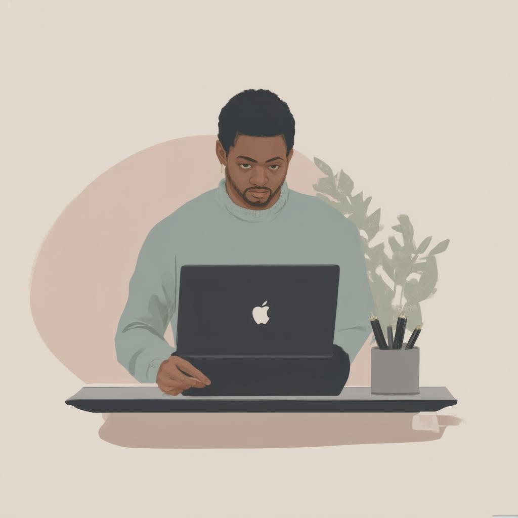 A focused man works on a laptop at a minimalist desk with a pencil holder and plant in the background. His intense concentration represents efforts to refine digital content and make writing sound less AI-generated through thoughtful edits and human nuance.