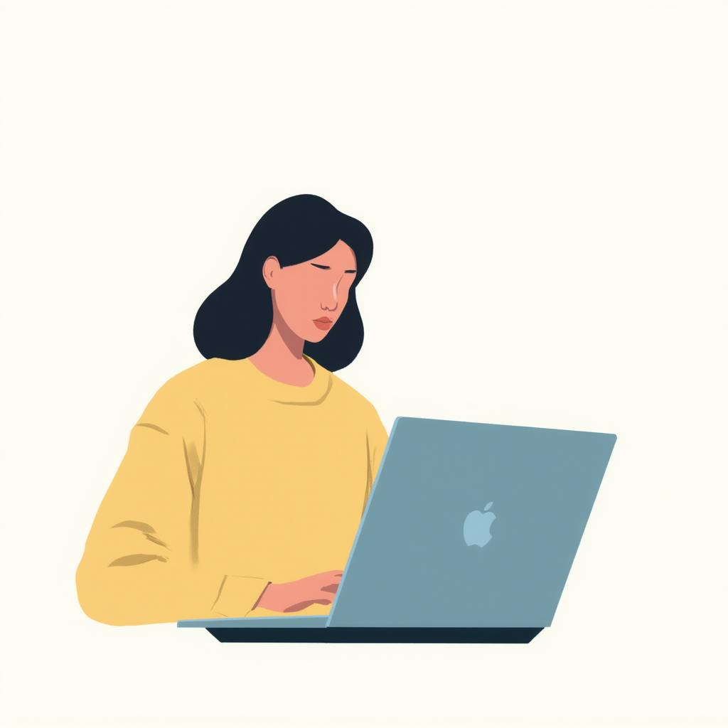 A woman in a yellow sweater types on a laptop against a plain background. Her calm, thoughtful posture suggests she is reviewing her work to make writing sound less AI by adding personal voice and emotional authenticity.
