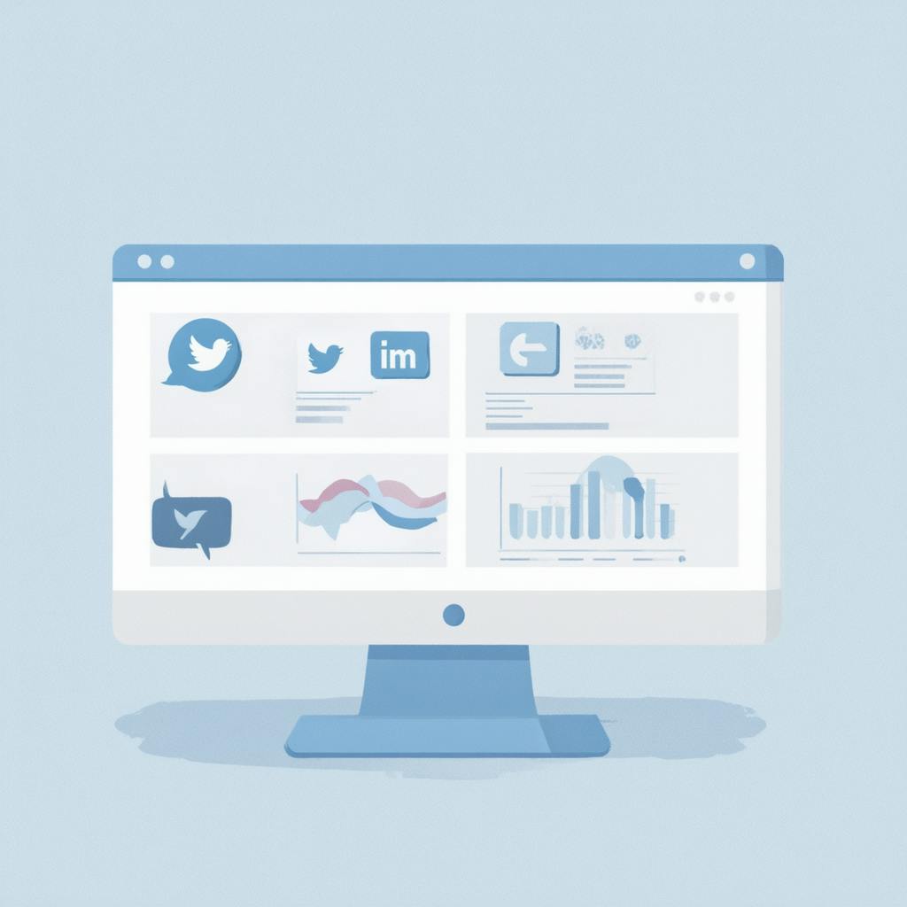 A digital screen displays a collection of graphs, charts, and social media icons such as Twitter and LinkedIn. The visual layout focuses on tracking KPI metrics through data visualization tools to evaluate campaign reach, audience interaction, and conversion trends.