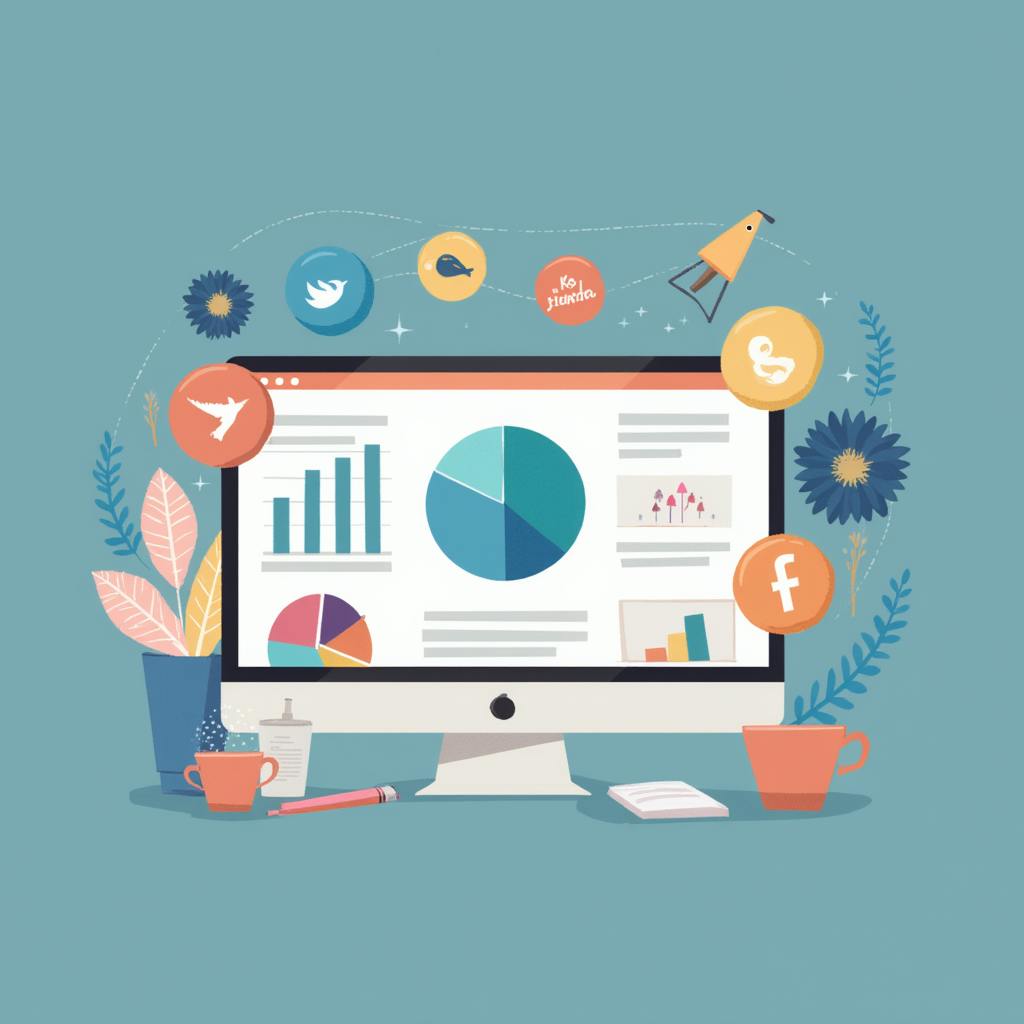 A colorful workspace surrounds a computer monitor showcasing multiple pie and bar charts. Floating around the screen are icons for Twitter, Facebook, and other social platforms. This illustration visually conveys how KPI metrics are gathered across channels to assess marketing effectiveness.