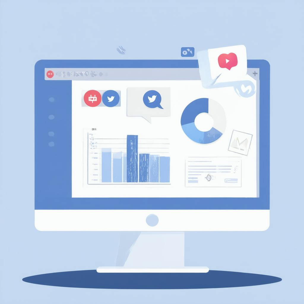 A desktop monitor displays various analytics elements, including bar charts, a pie chart, and social media icons like Twitter and YouTube. The image represents a digital dashboard used to monitor KPI metrics for social media engagement and content performance.