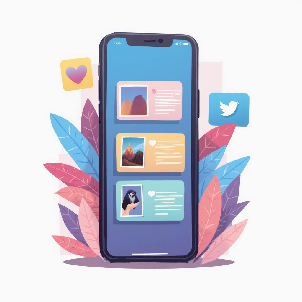 A smartphone screen displays a vibrant social media feed with image posts and text overlays, surrounded by colorful leaves and floating Twitter and heart icons. This whimsical composition demonstrates an illustration designer’s creative approach to visual storytelling in mobile content design.