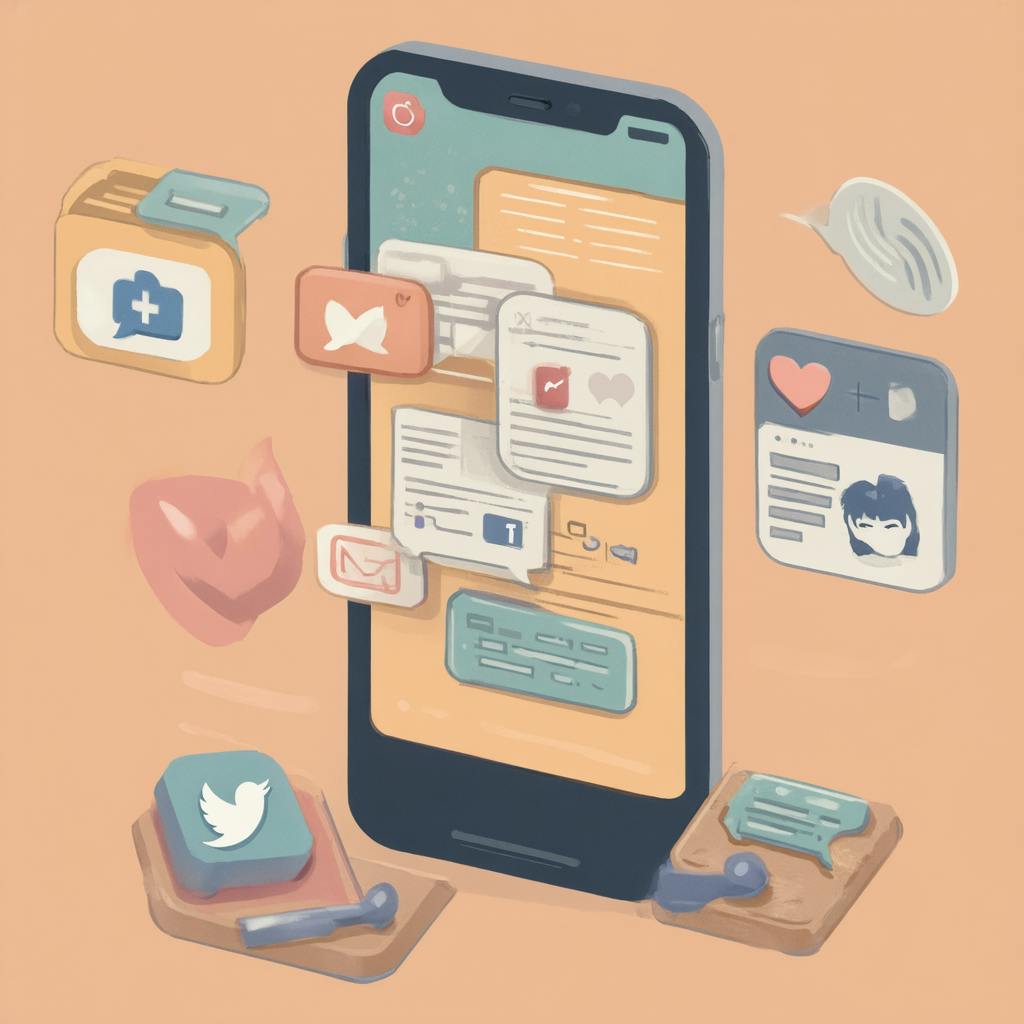 A stylized mobile interface is filled with floating social media icons, text bubbles, and user profile elements on a warm-toned background. This complex visual layout reflects the skill of an illustration designer in crafting dynamic, multi-layered representations of digital interaction.