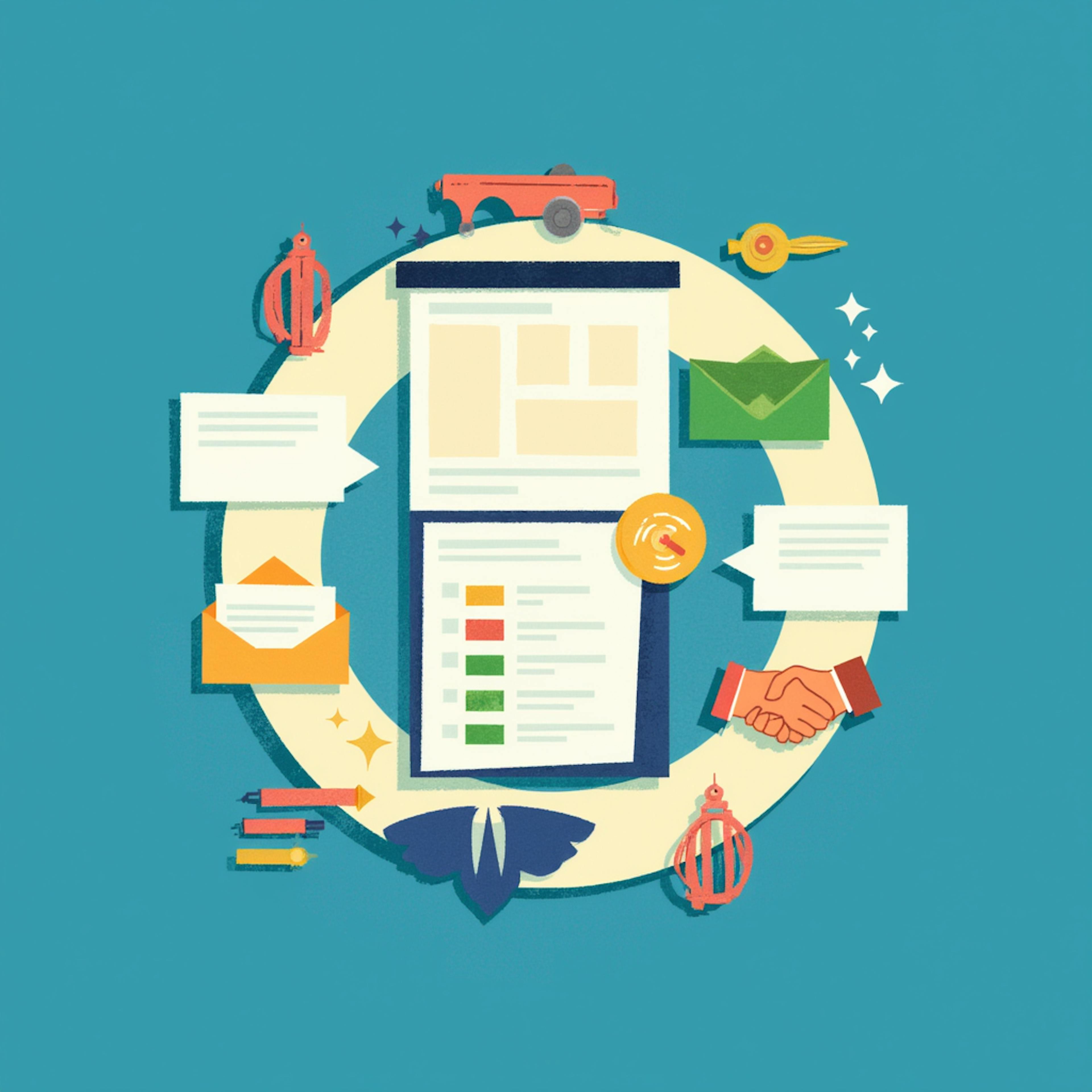 Colorful illustrated graphics surround a digital document interface, including mail icons, chat bubbles, a handshake, keys, and decorative elements. This lively composition reflects the interconnected nature of communication tools used in modern professional environments.


