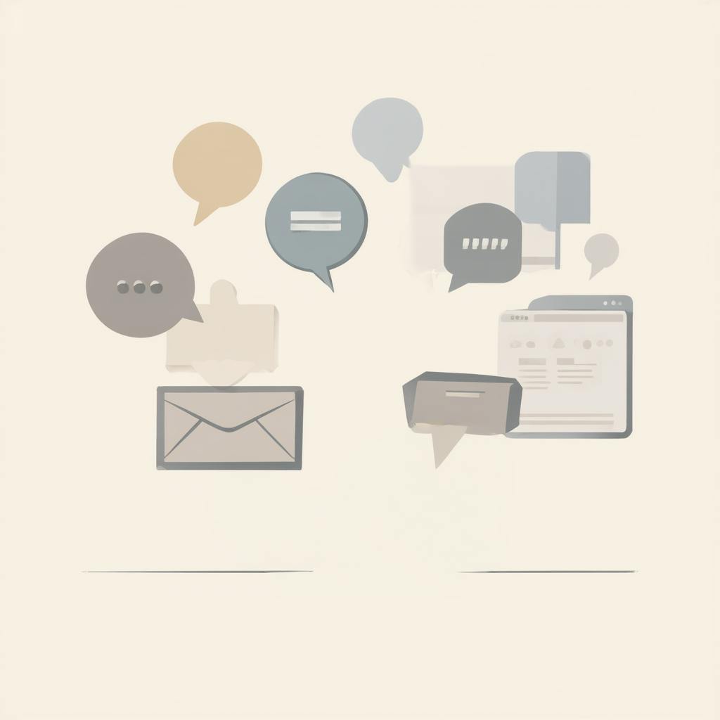 Minimalist illustrated graphics of speech bubbles, envelopes, and browser windows float on a soft beige background. The elements suggest various forms of digital and written communication, capturing the abstract concept of messaging and content exchange.