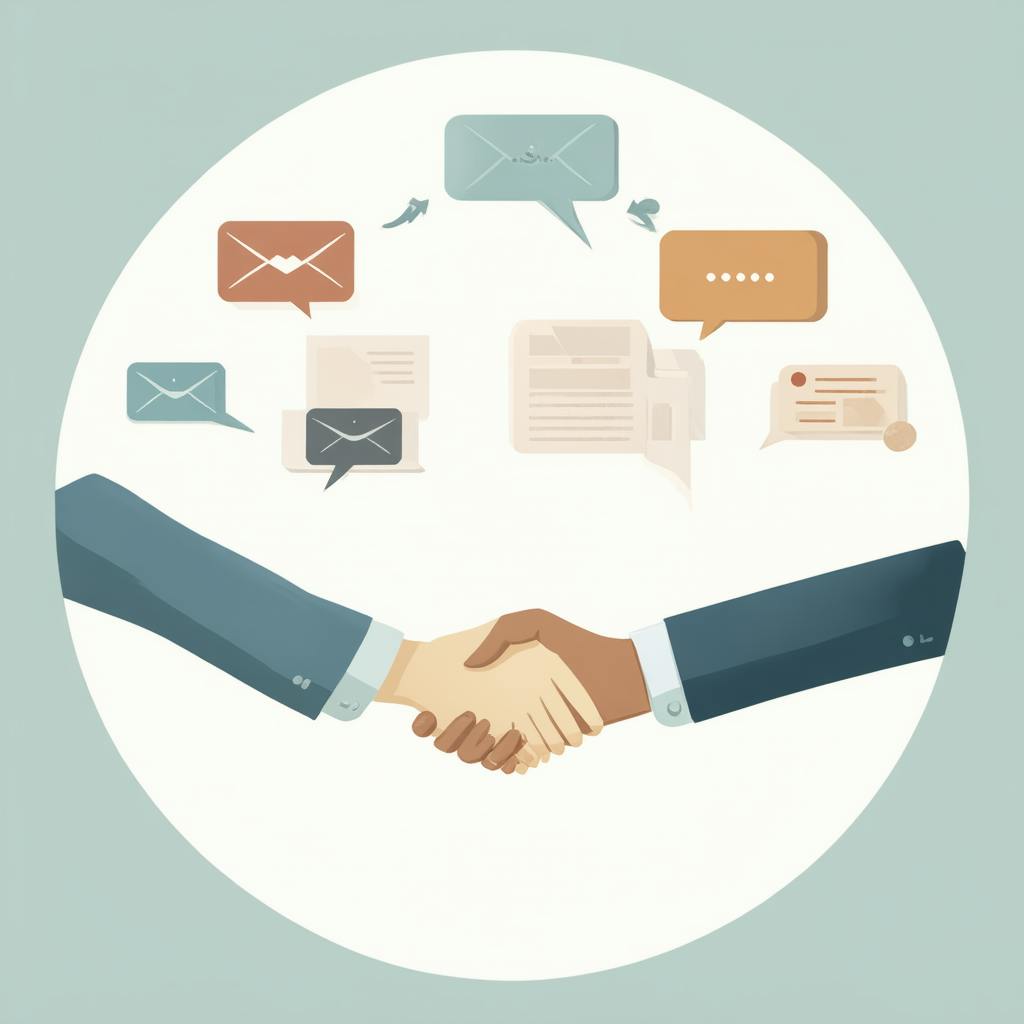 Two hands shaking in the center symbolize partnership or agreement, surrounded by illustrated graphics of emails, chat bubbles, and documents. The visual emphasizes business communication through digital correspondence and professional collaboration.
