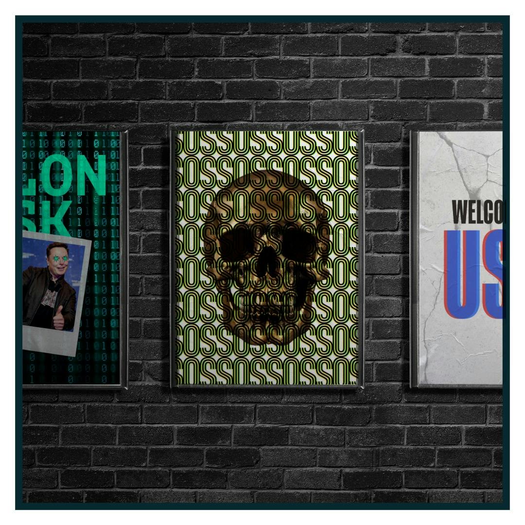 Skull art hanging on a wall