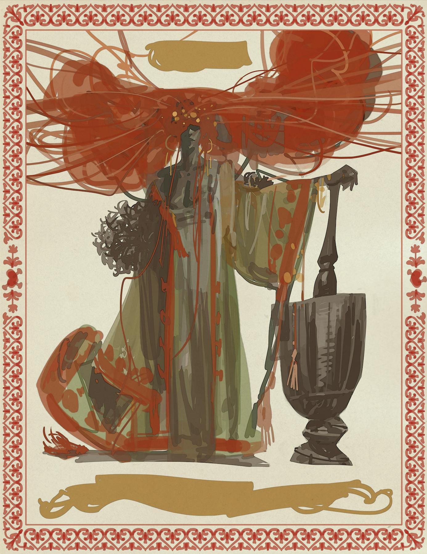 Concept sketch of a woman with wild red hair