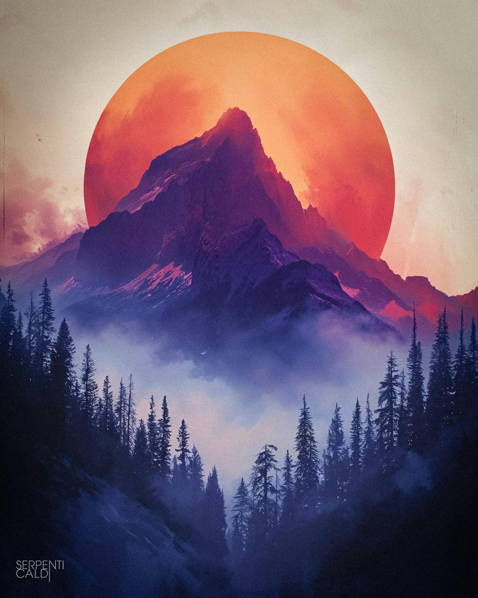 Watercolor painting of a misty mountain
