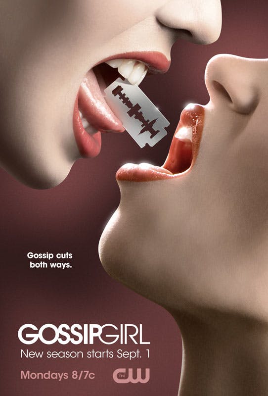 GossipGirl ad with a razor blade in a woman's mouth