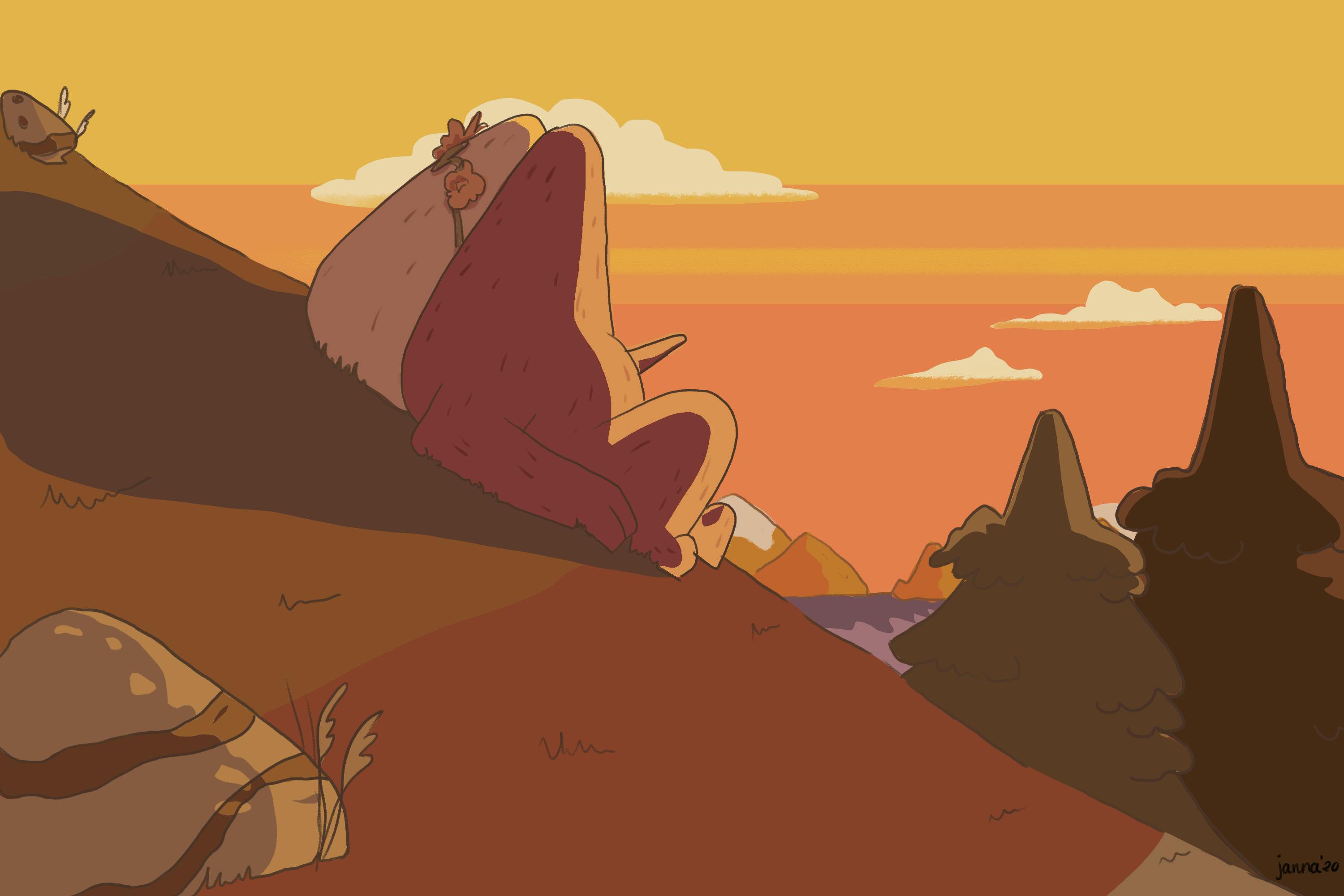 Illustration of two lumpy characters on a hill