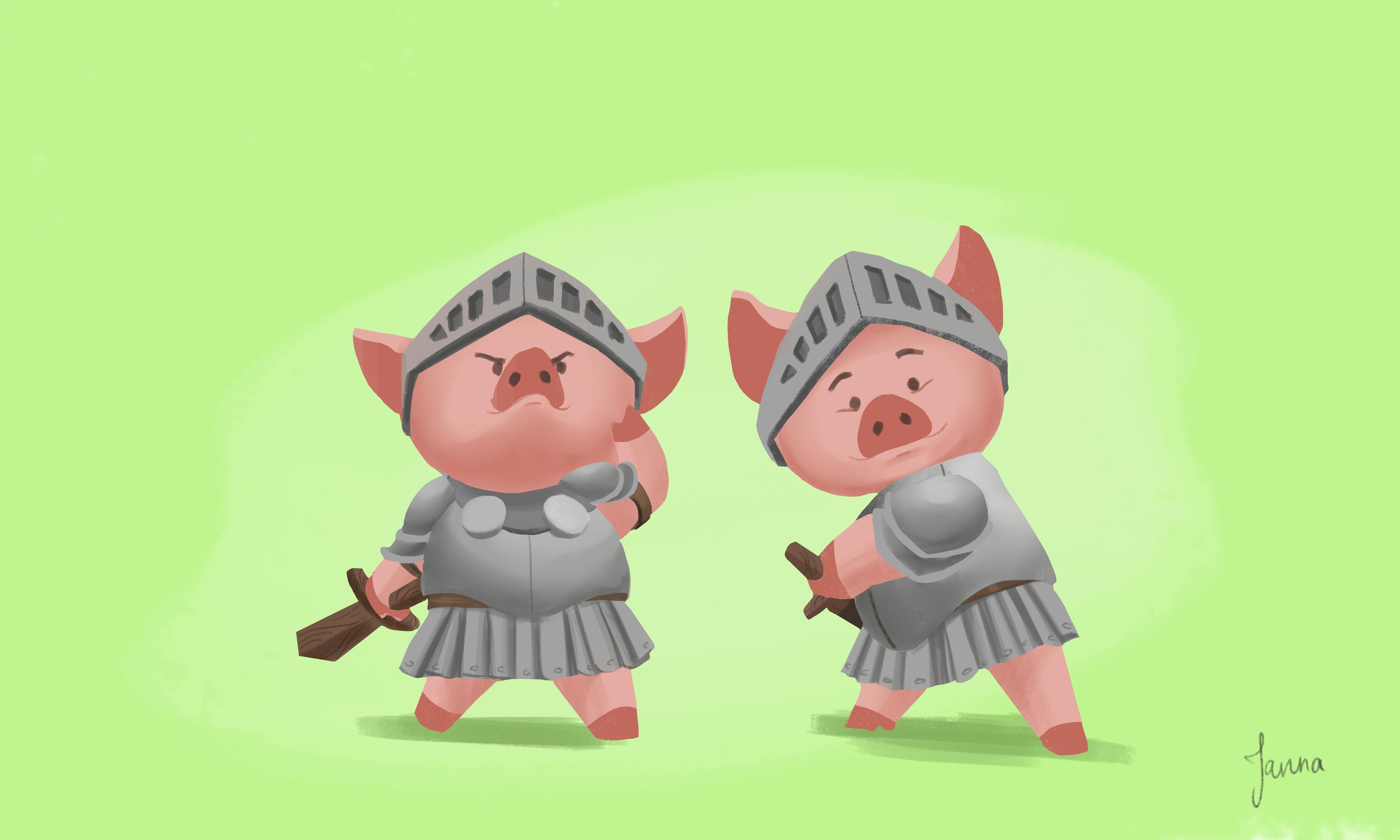 Two female pigs in suits of armor