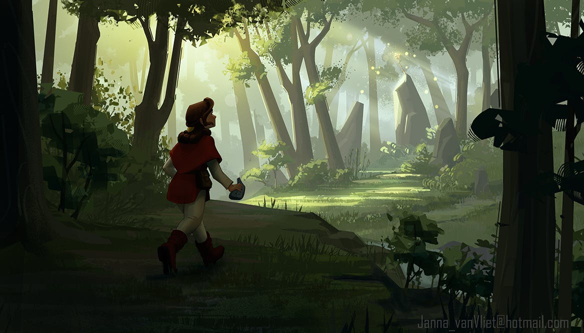 Illustration of a man walking through the forest