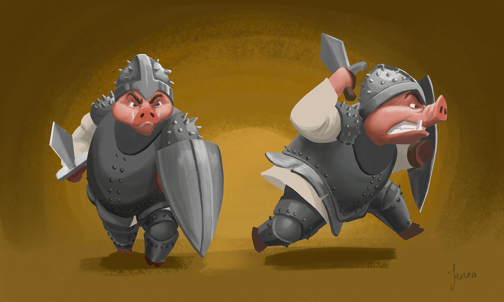 Two male pigs in suits of armor