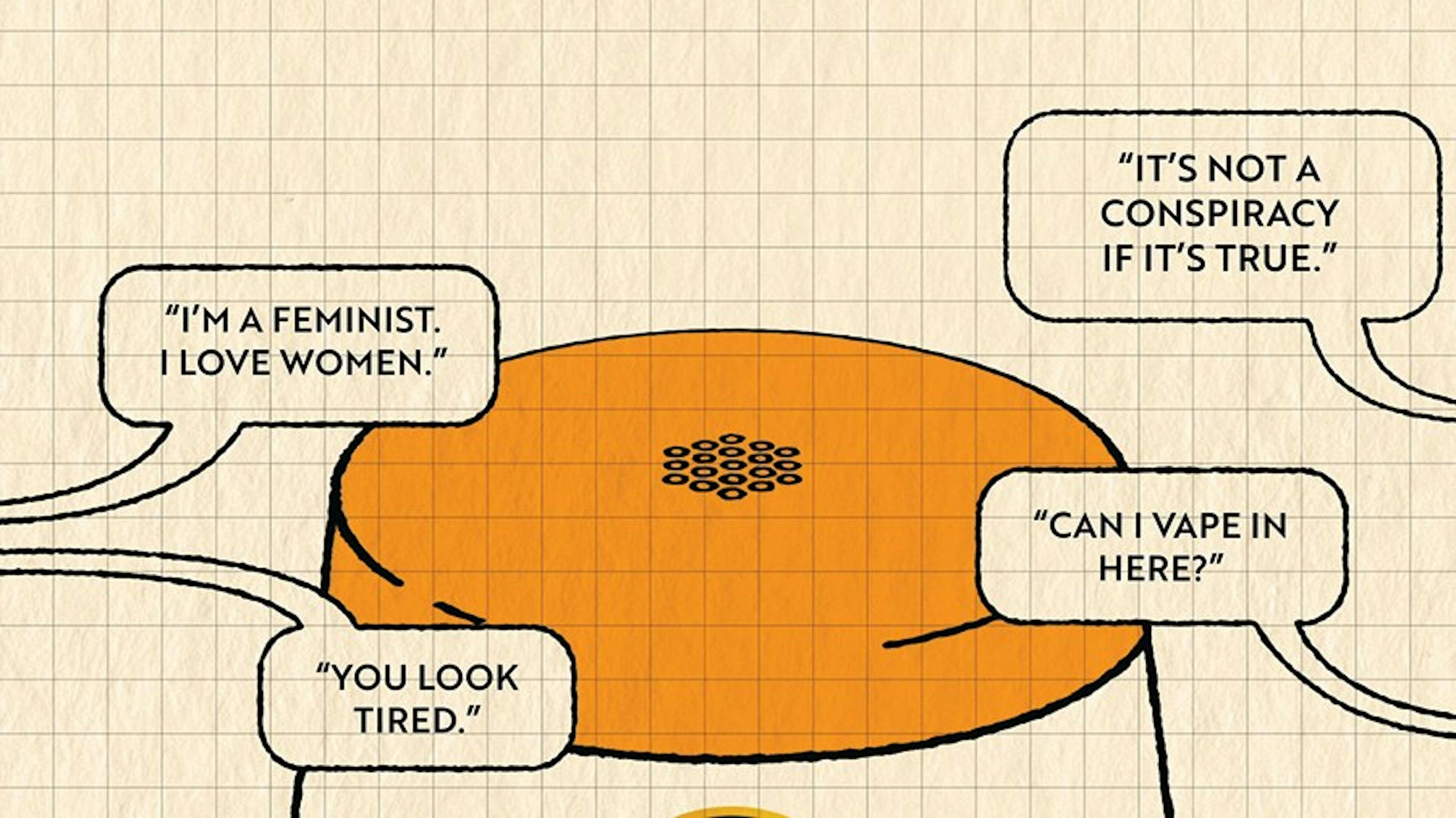 Cartoon of text balloons over fryer