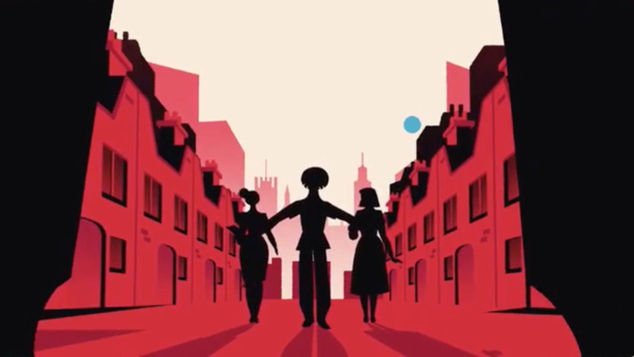 Illustration of silhouetted characters against red city