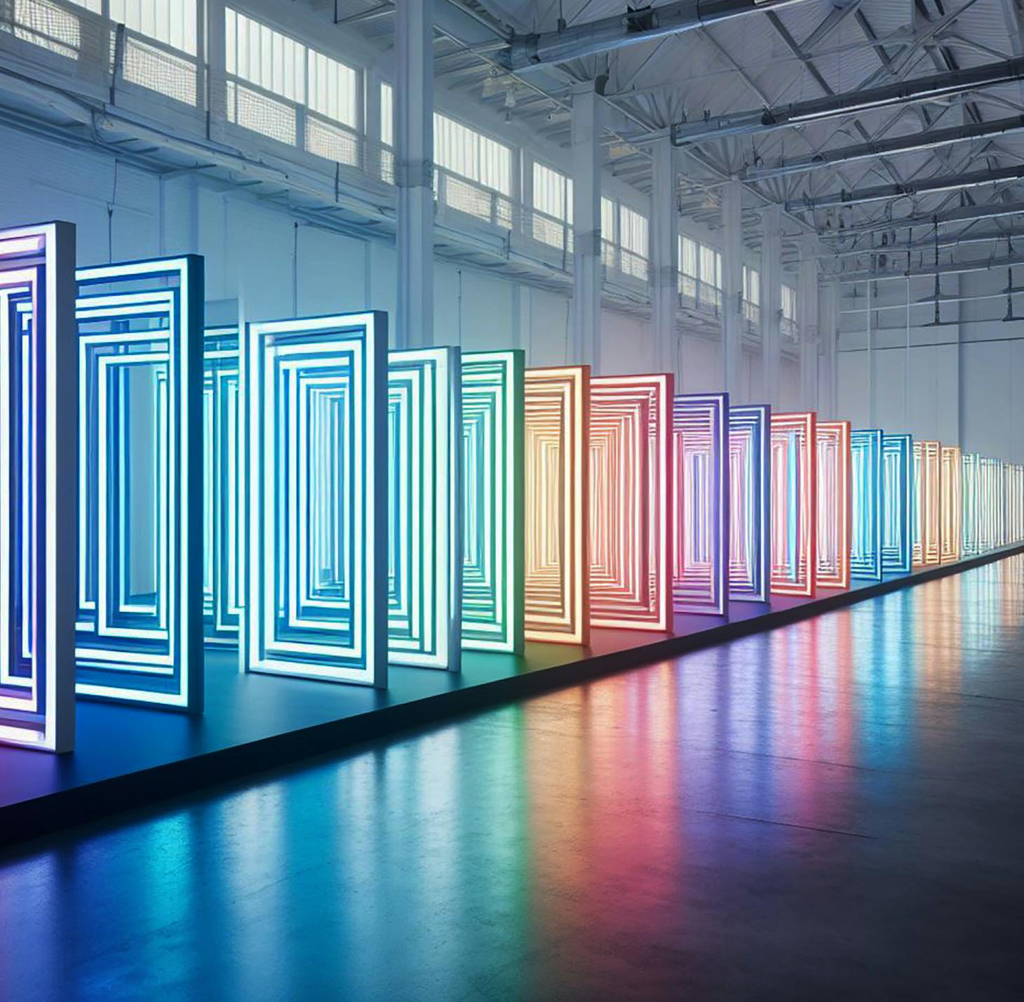 A futuristic installation of glowing LED panels in a warehouse space, symbolizing the visual and auditory innovation found in sound design jobs across entertainment and experiential design sectors.