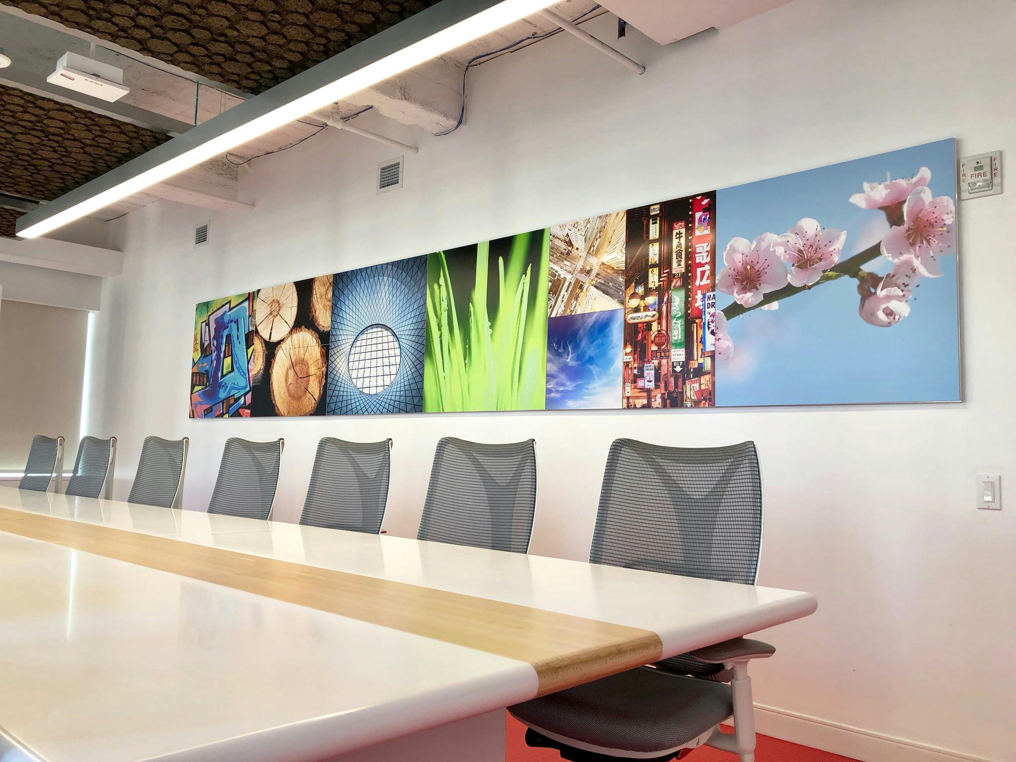 A conference room wall with images