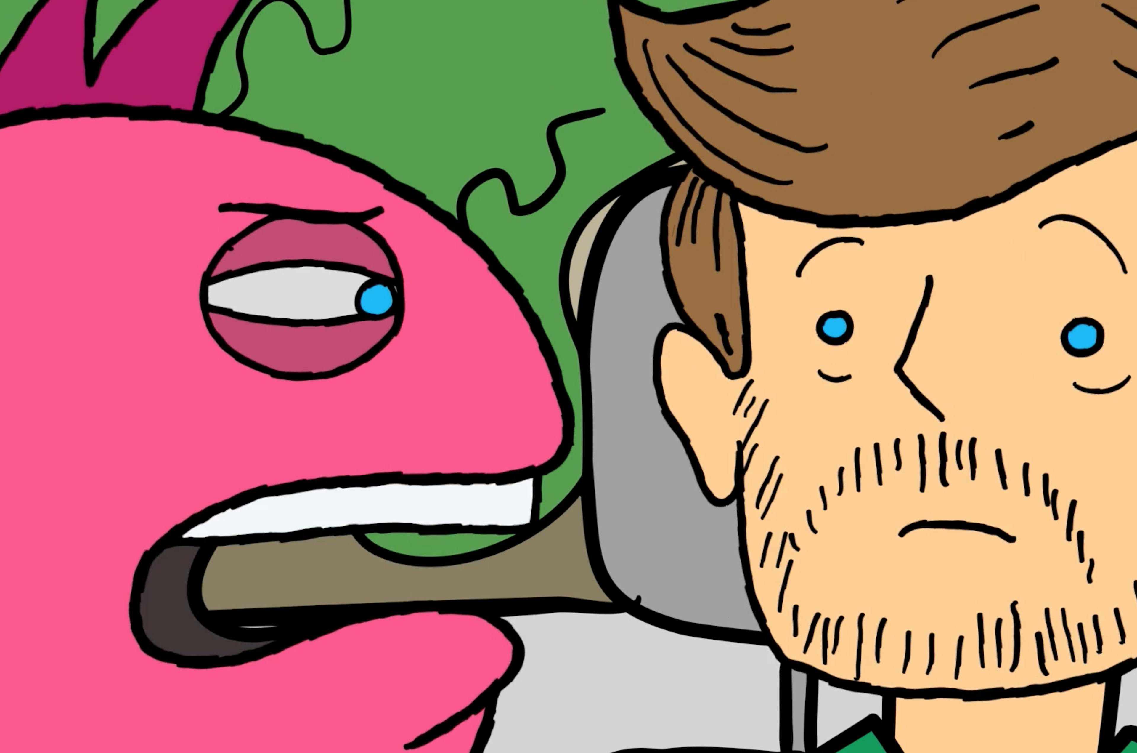 A monster talking to a man