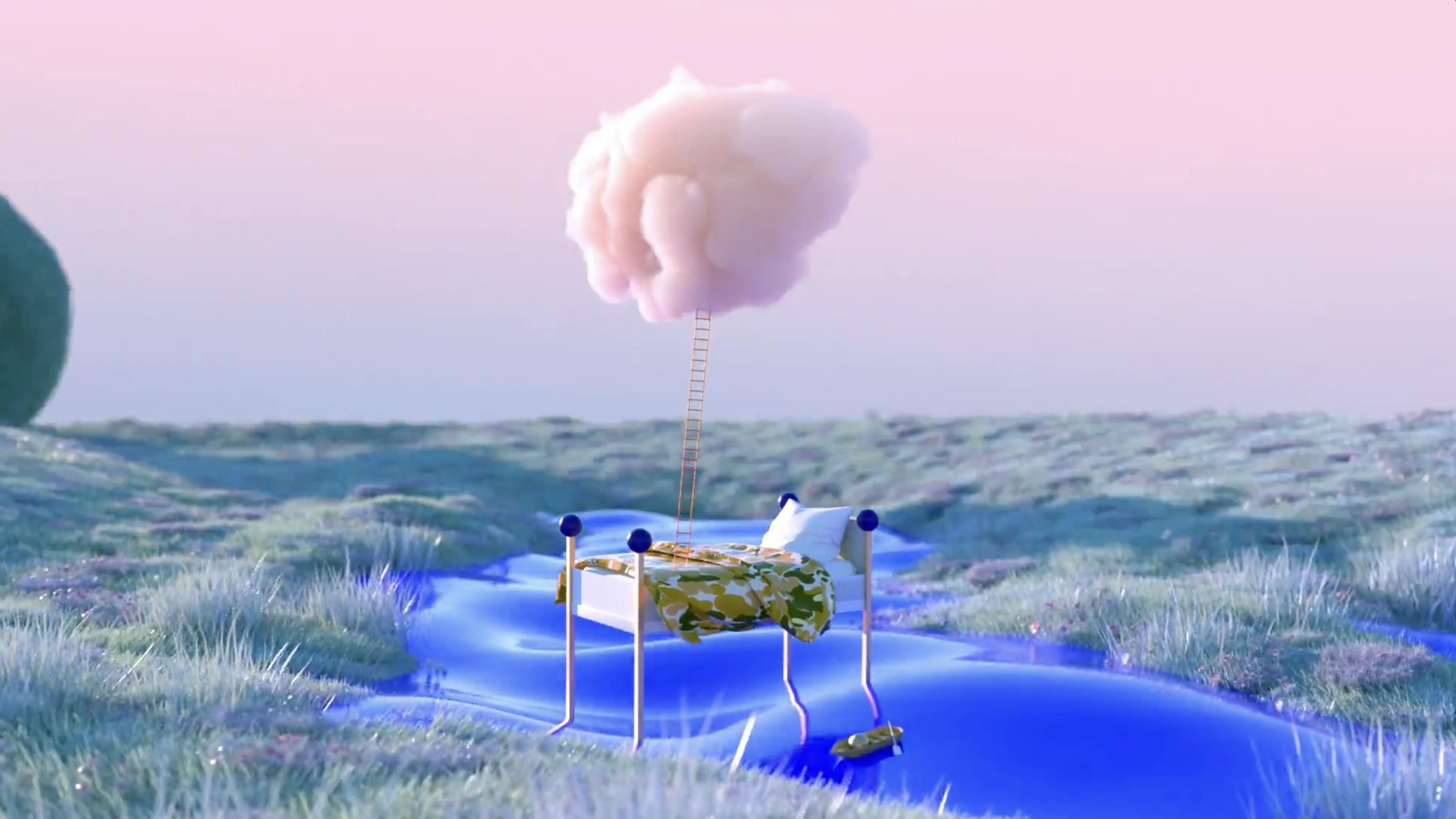 3D scene of bed and ladder to cloud