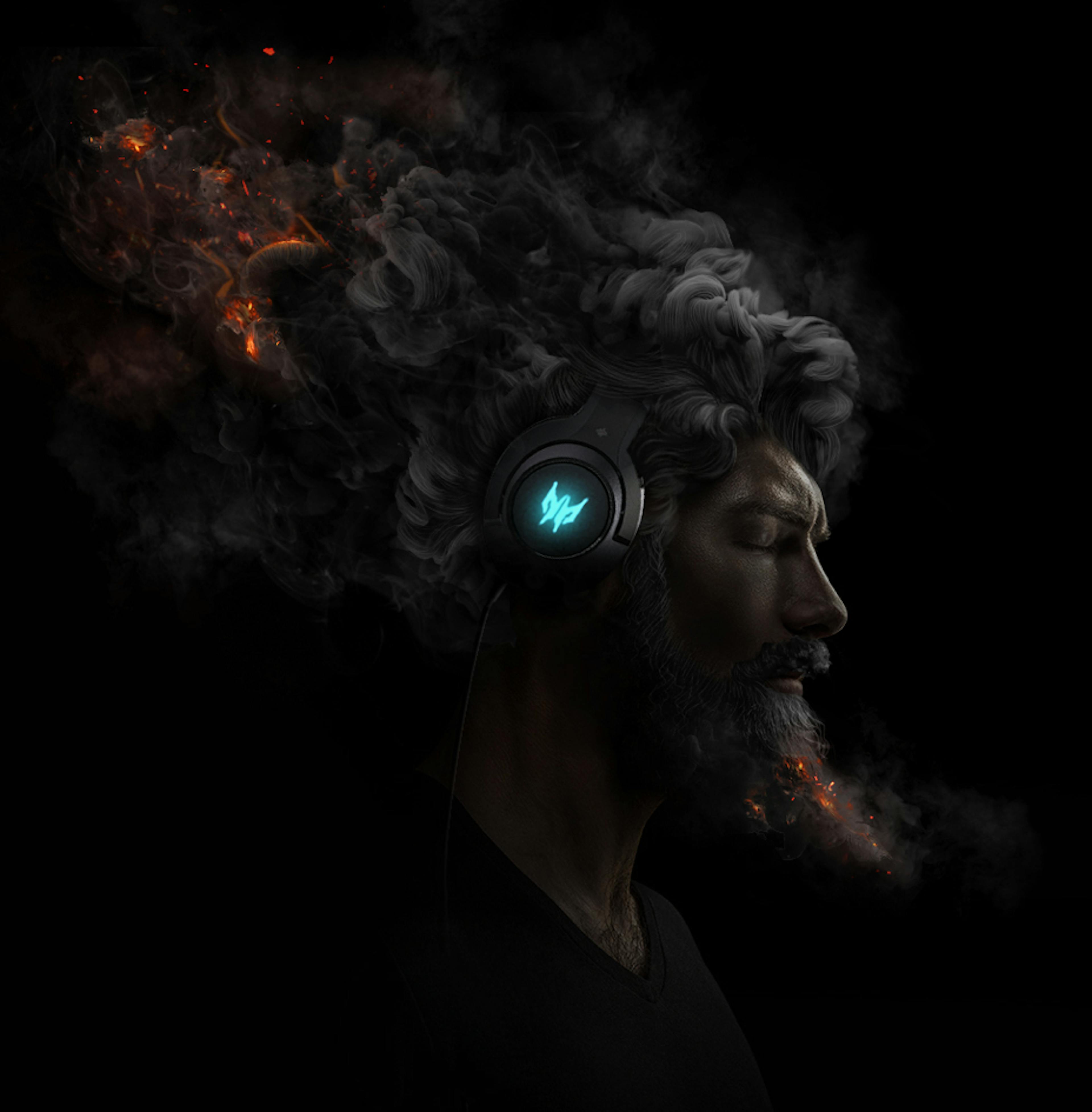 Dark image of man wearing headphones