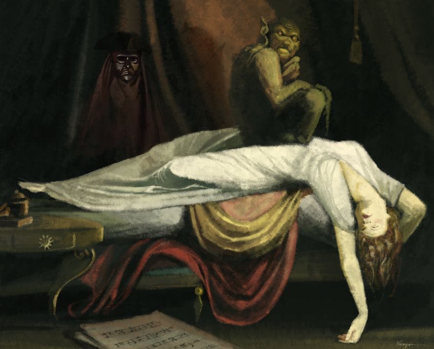 A demon sitting atop a fainting woman