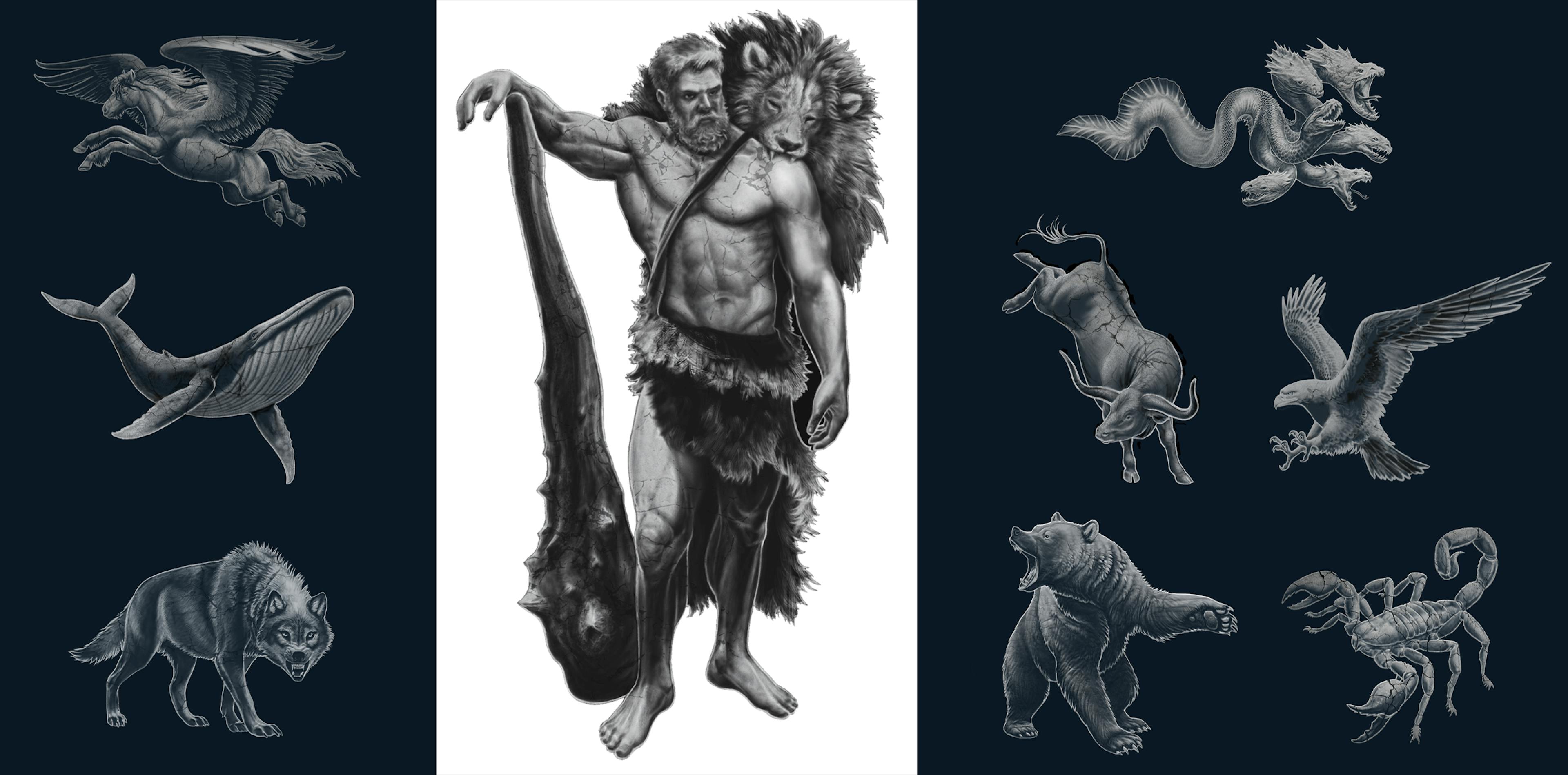 Concept art of ancient hercules and animals