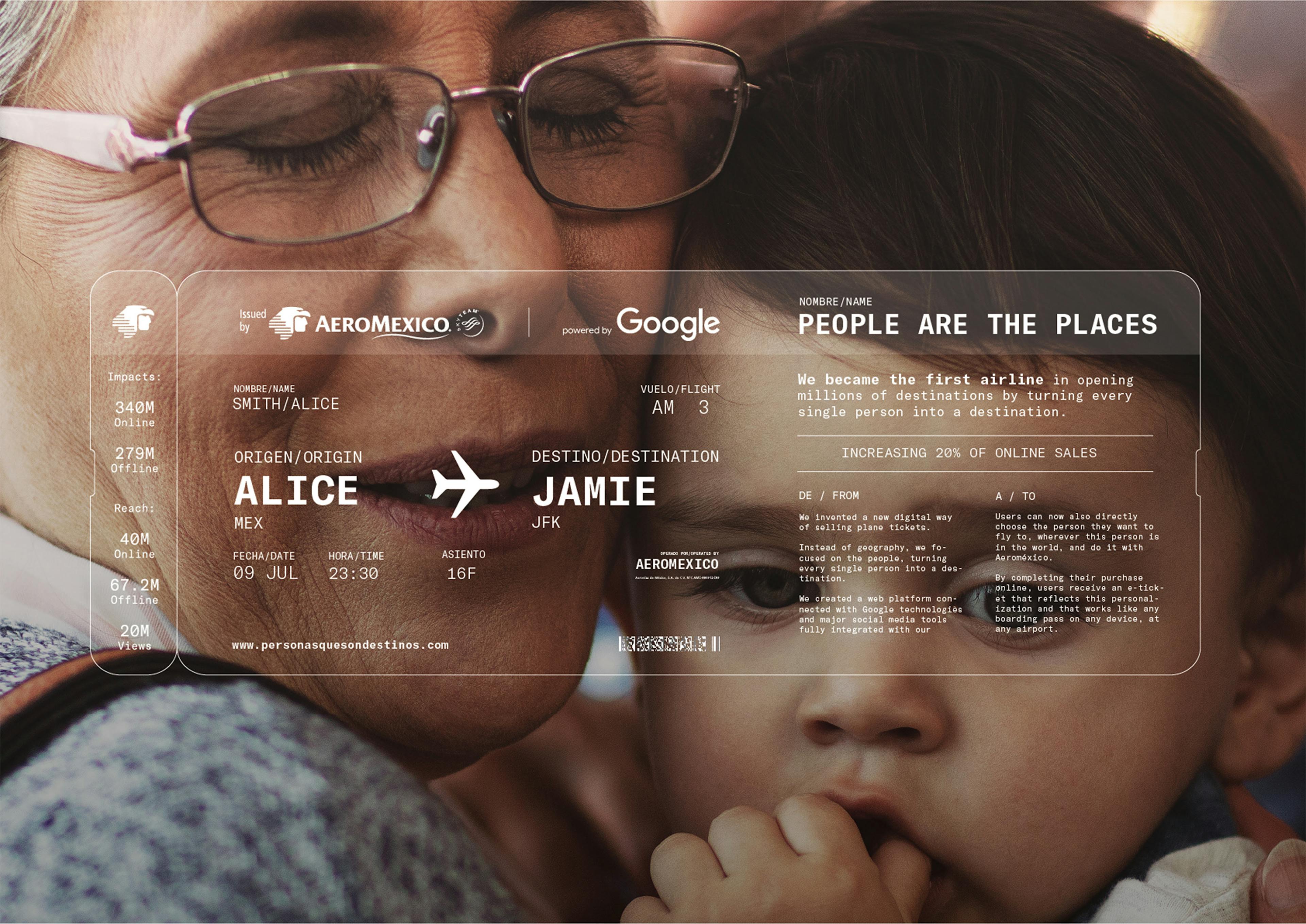 Transparent plane ticket in front of grandmother and grandchild