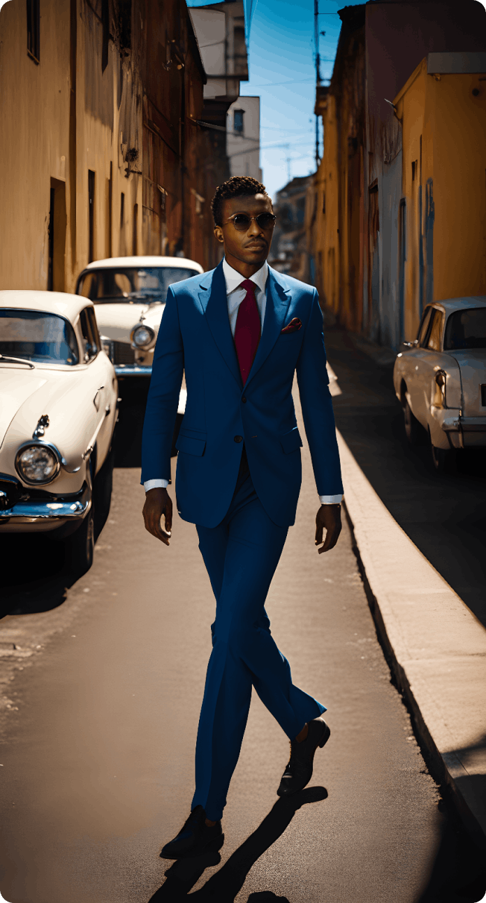 Photograph of man in suit walking