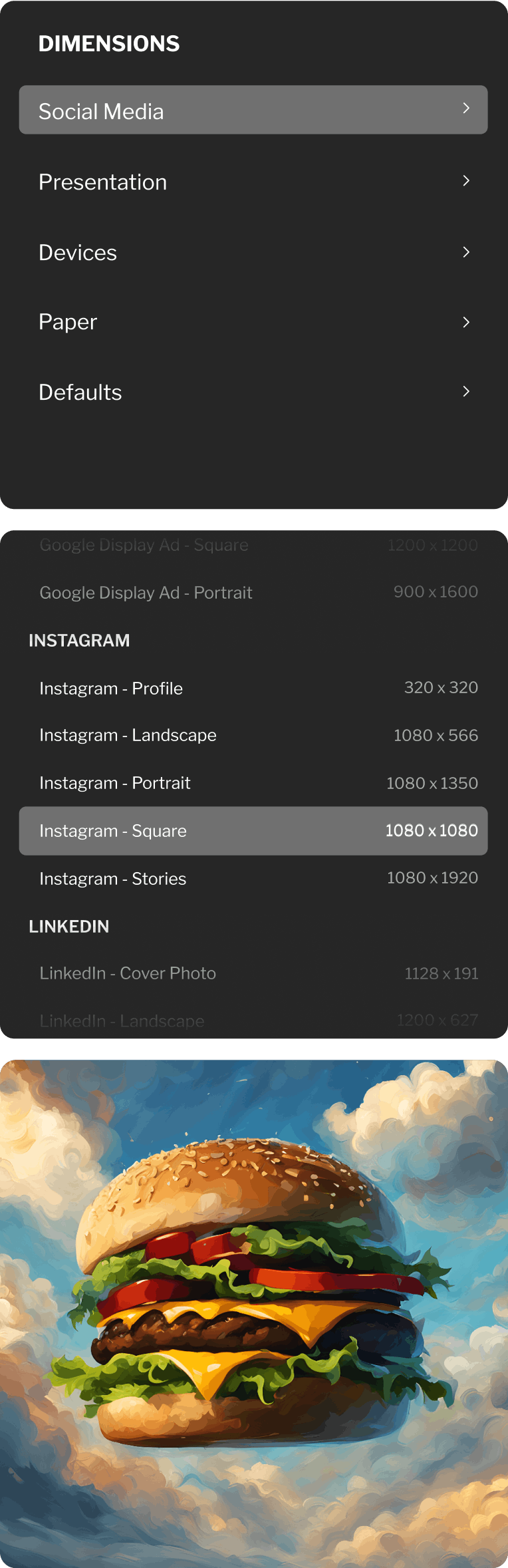Menu selection and a generated image