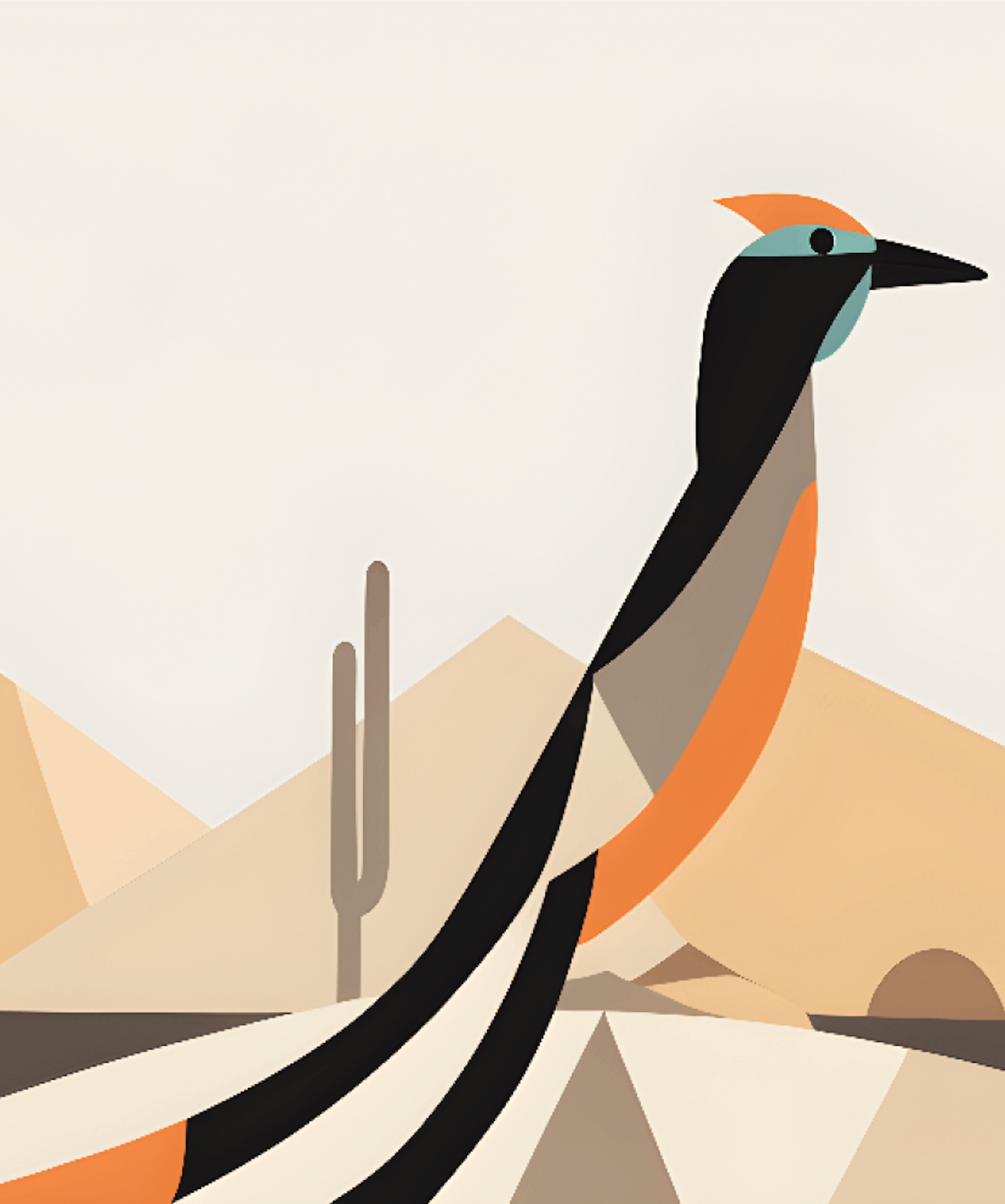 a roadrunner tail up going by a saguaro cactus in a sunlit desert scene