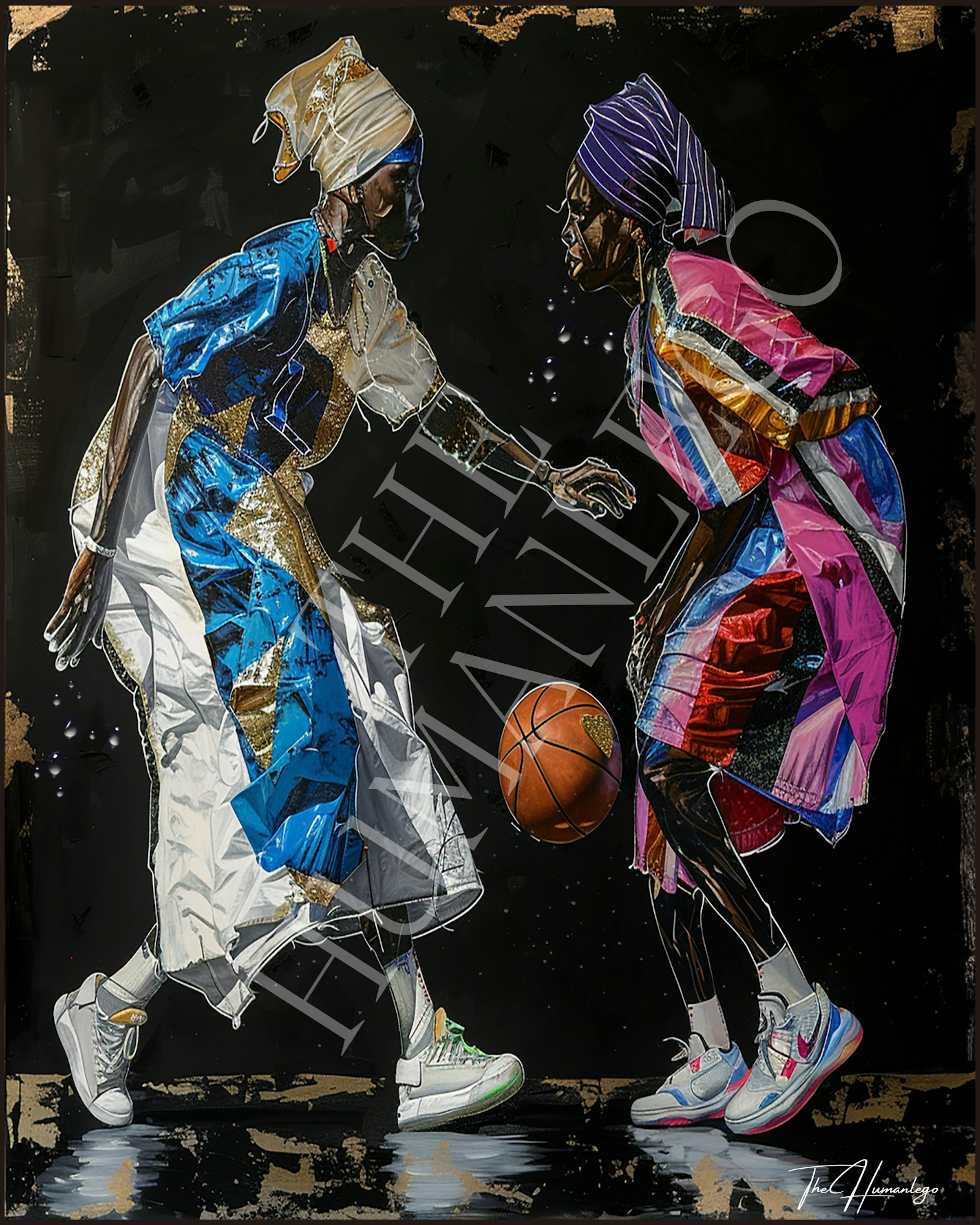 Illustration of two stylized basketball players