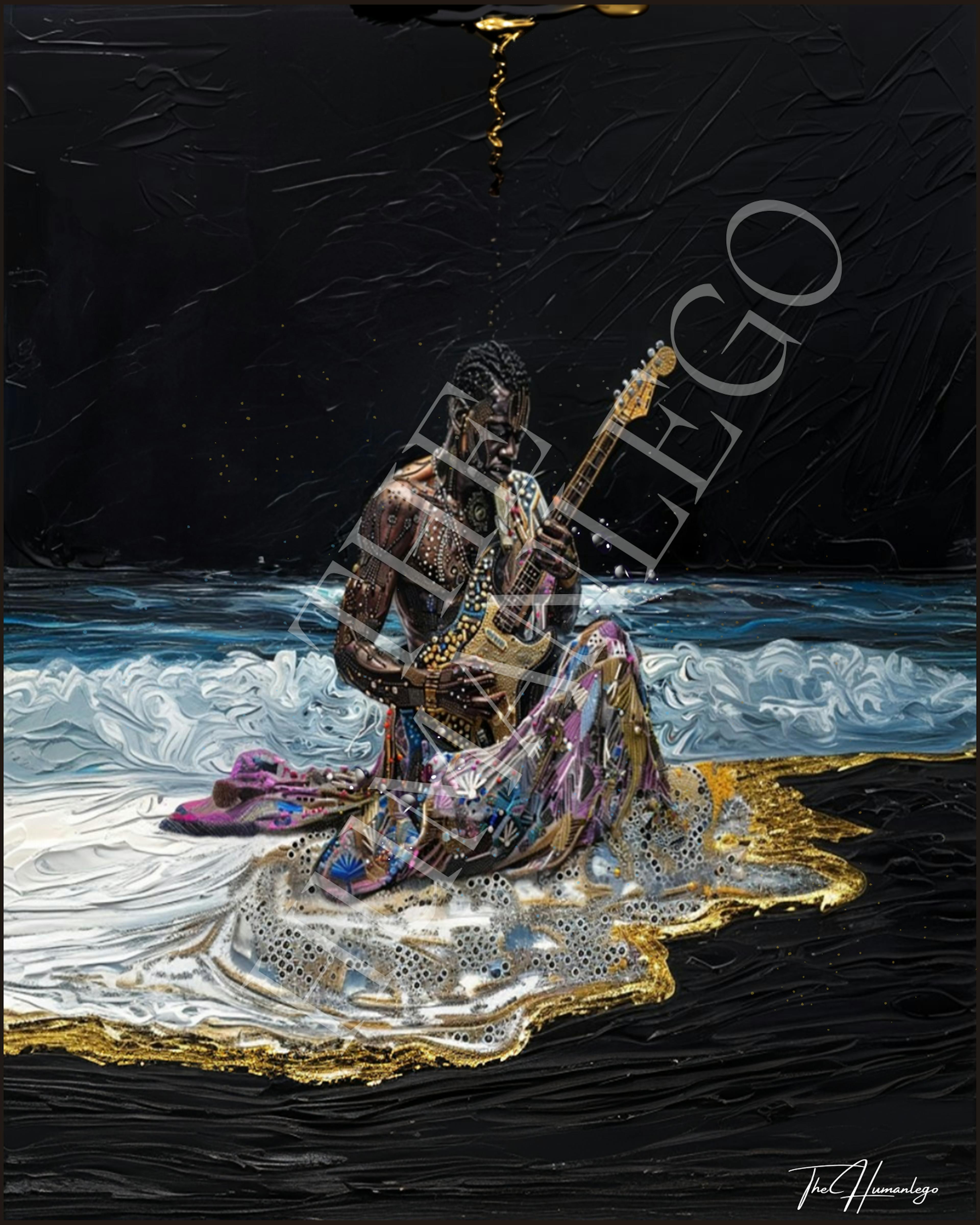 Illustration of of guitar player in the ocean