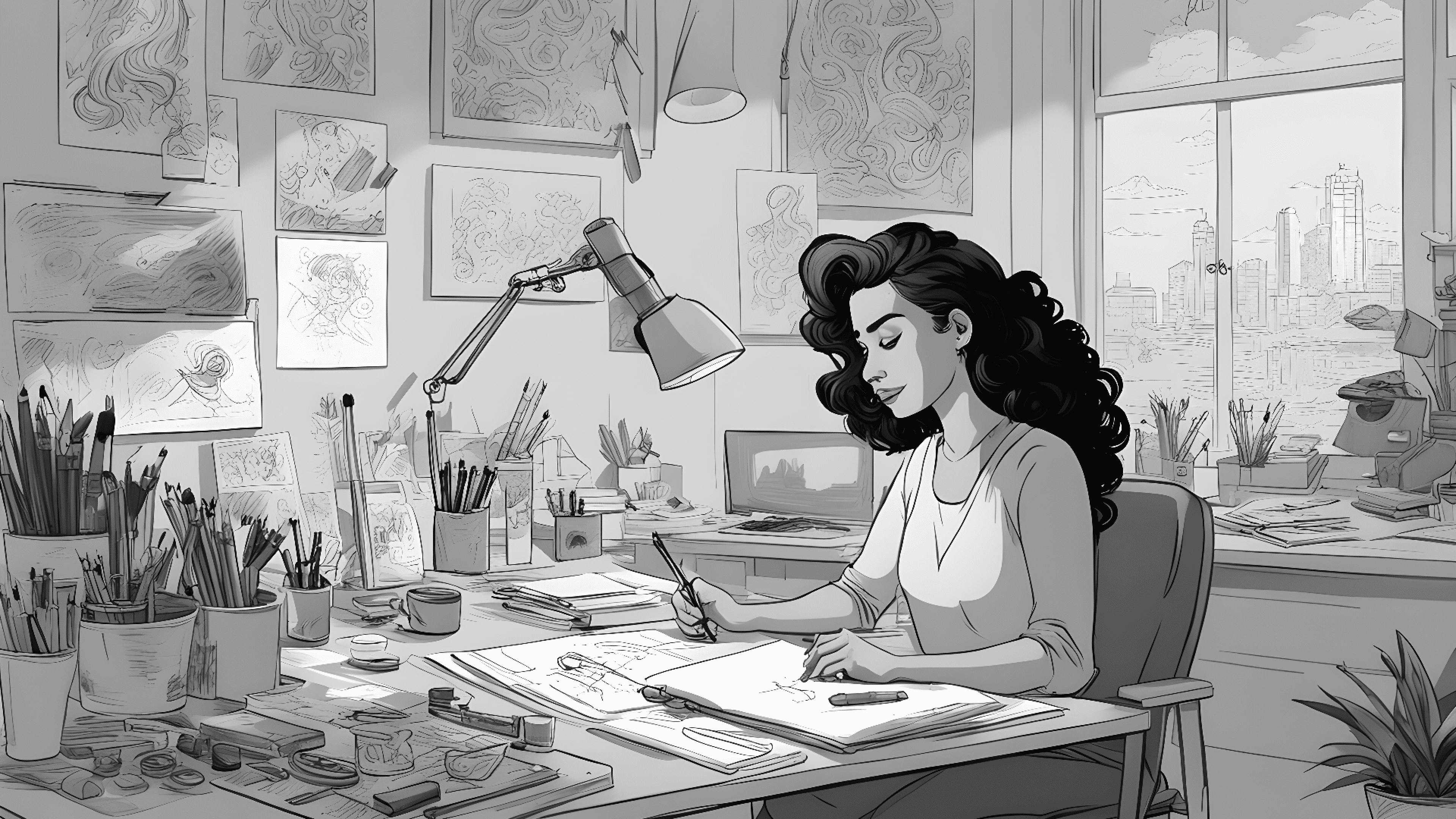 illustration of a woman drawing at a desk