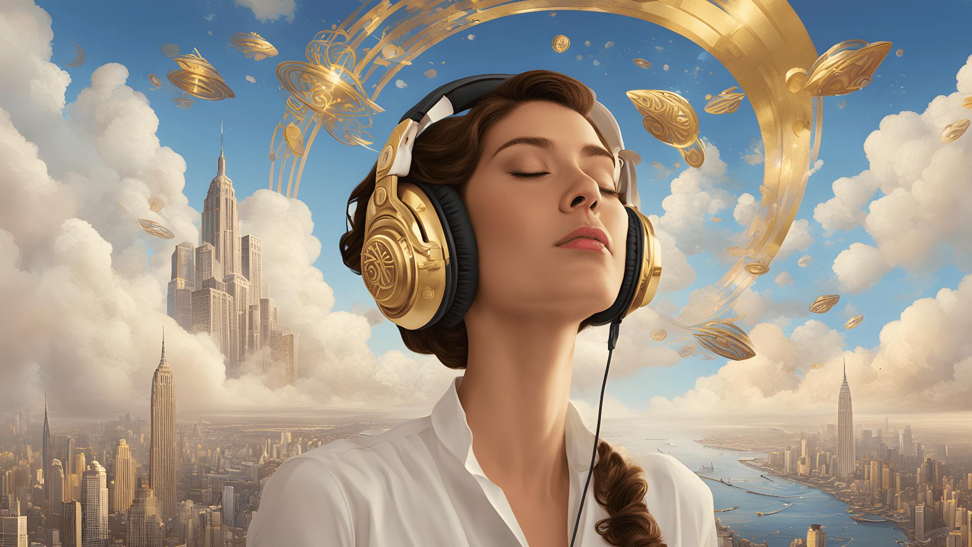 Illustration of a woman wearing headphones delighting in the sound of gold