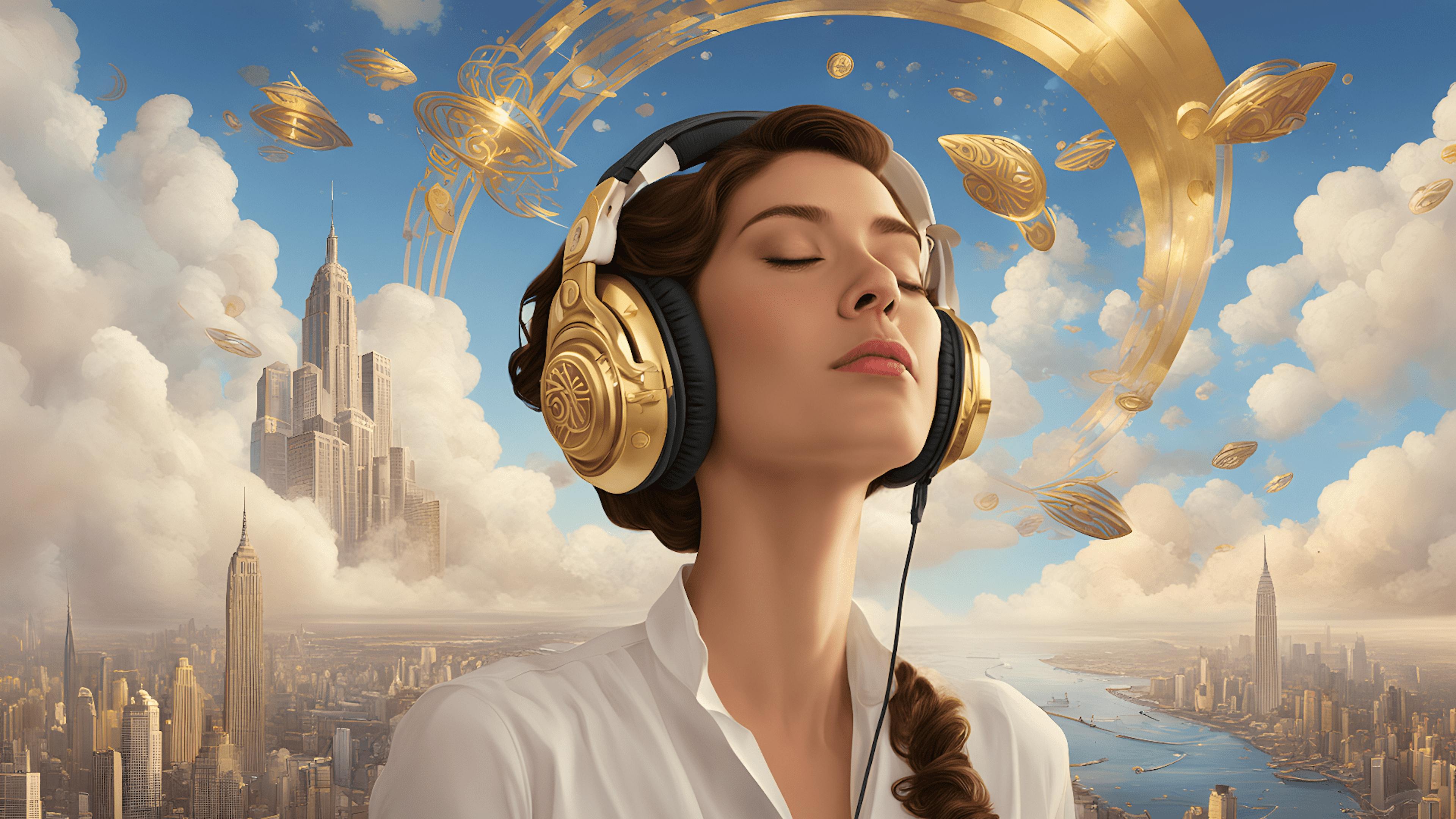 Illustration of a woman wearing headphones delighting in the sound of gold