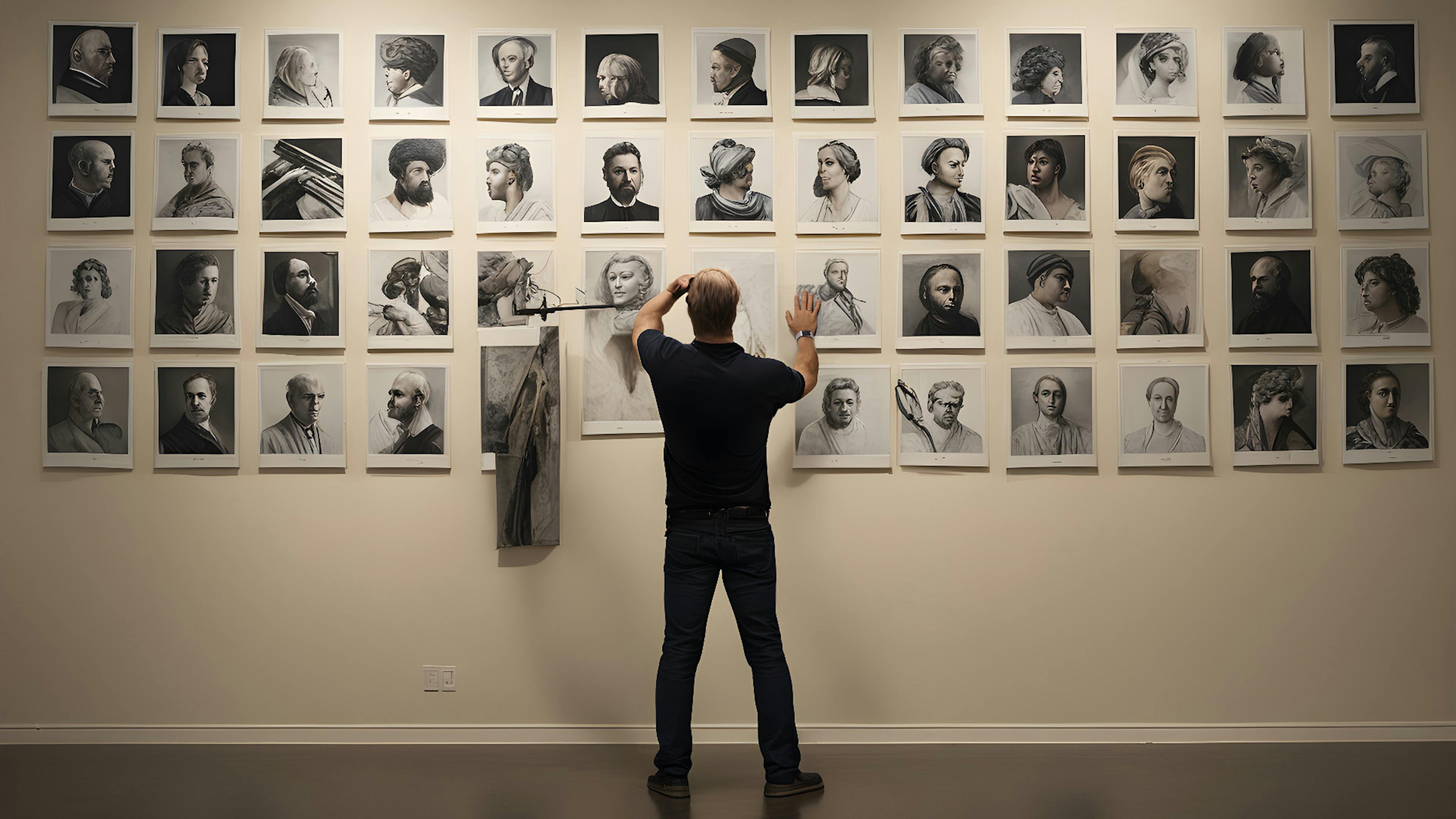 An art director arranging art on the wall