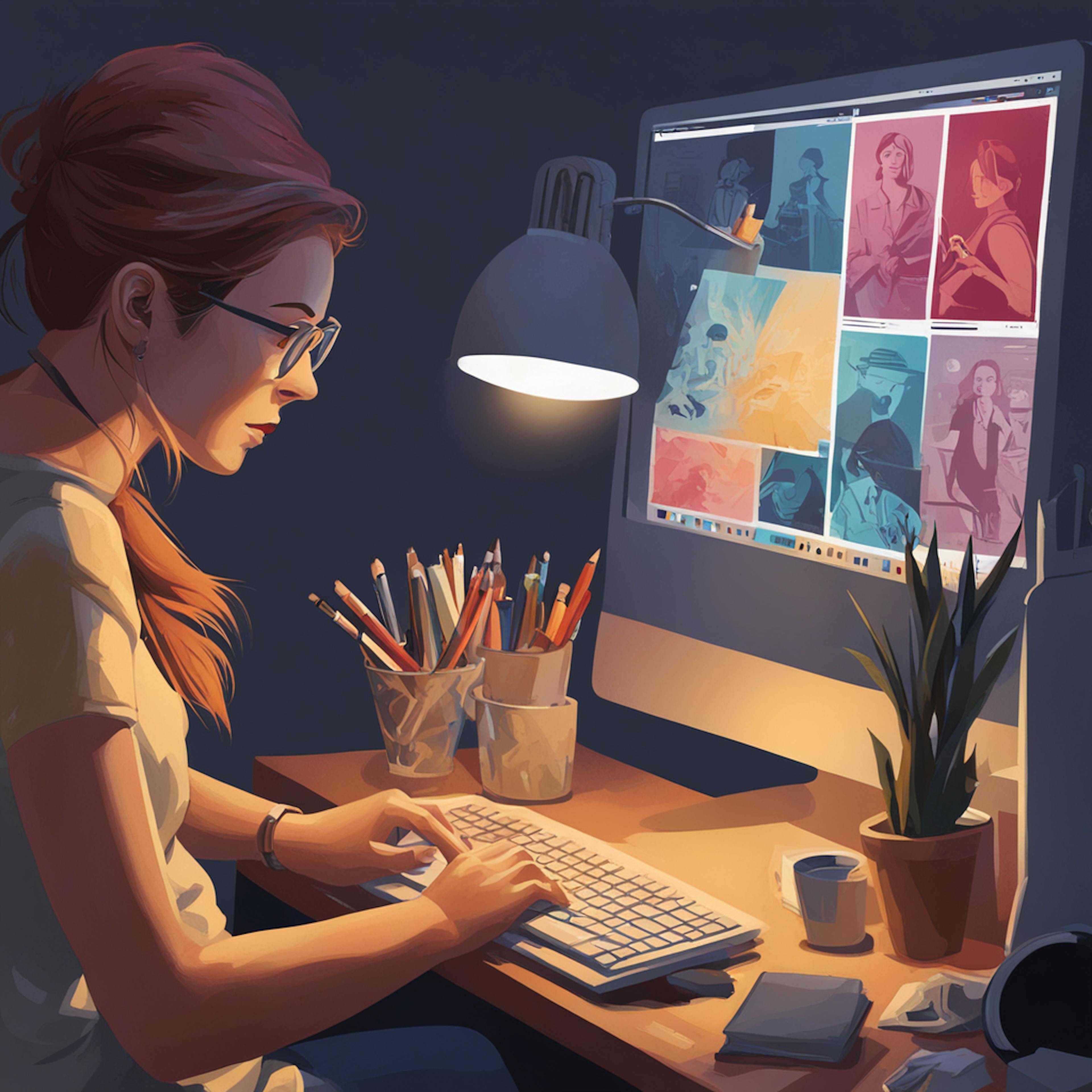 An illustration of a focused woman working at a desk late at night, surrounded by pencils, sketches, and a computer displaying various design projects. The image captures the dedication and creativity of a graphic design consultant, emphasizing their role in developing and refining visual concepts for clients.