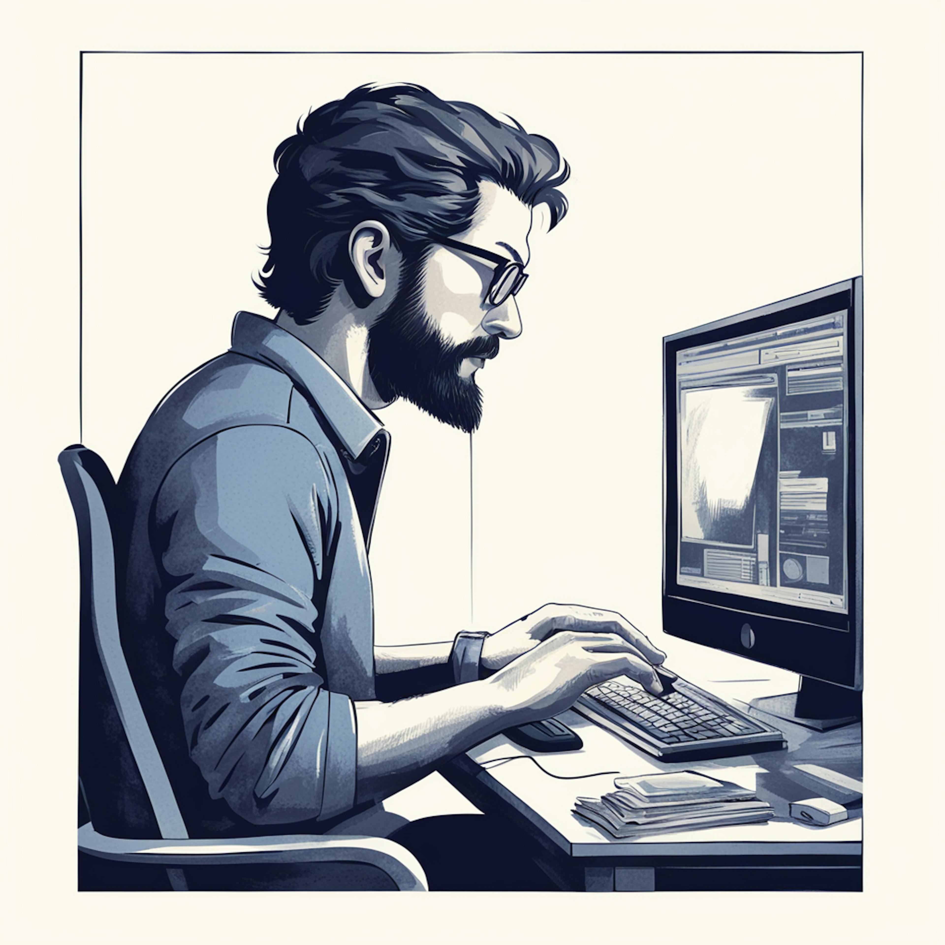 An illustration of a focused graphic designer working at a desk, intently looking at a computer screen. The designer is surrounded by various tools and materials, suggesting a productive workspace. The artwork uses a monochromatic color scheme with shades of blue, highlighting the meticulous nature of creating graphic design assets. This image captures the essence of dedication and attention to detail that goes into developing high-quality design elements.