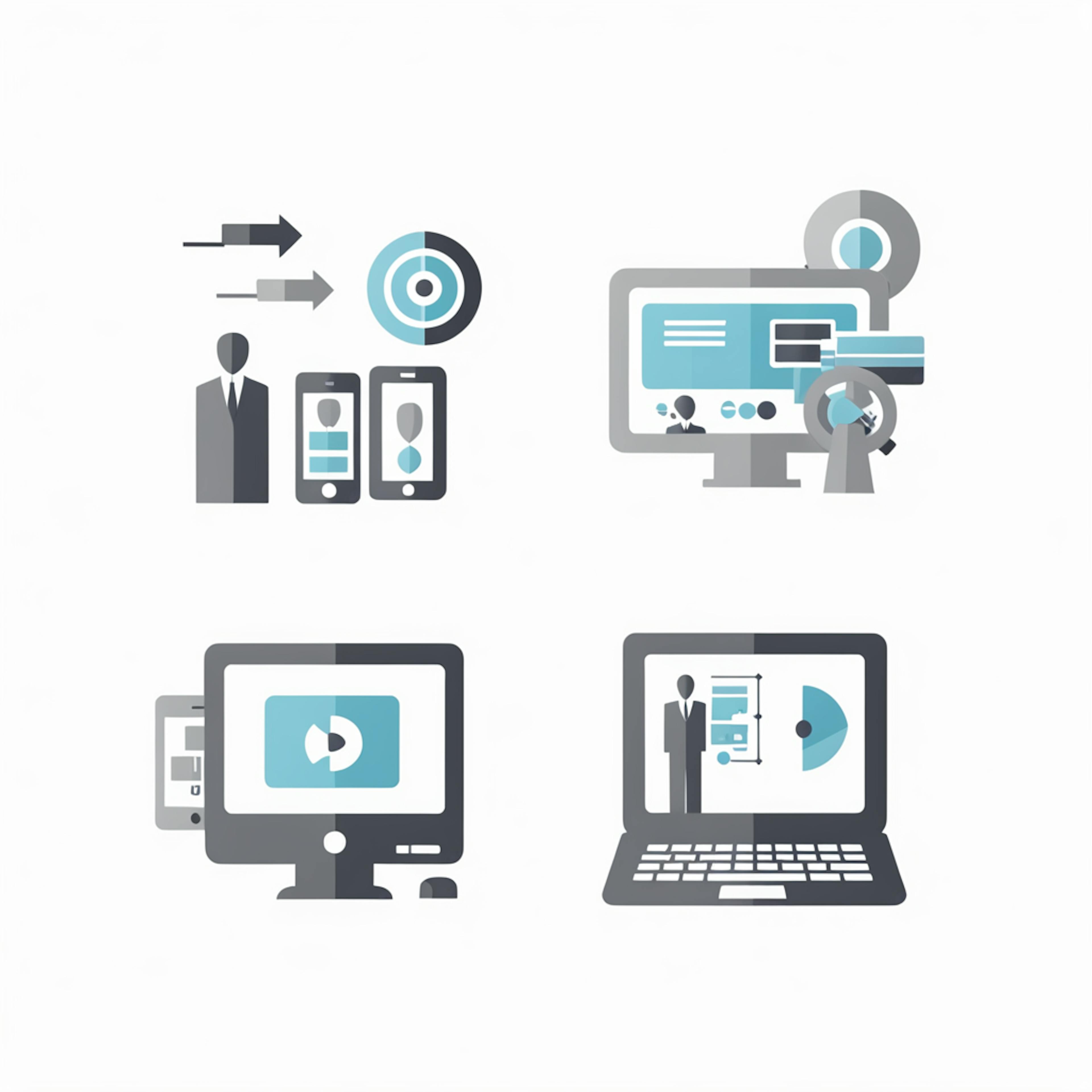 A set of four minimalist icons representing different digital devices and data flow, illustrating the concept of technology and communication. The icons use shades of blue and gray, creating a cohesive and professional look. These icons exemplify the variety of graphic design assets available for enhancing visual communication in digital projects.