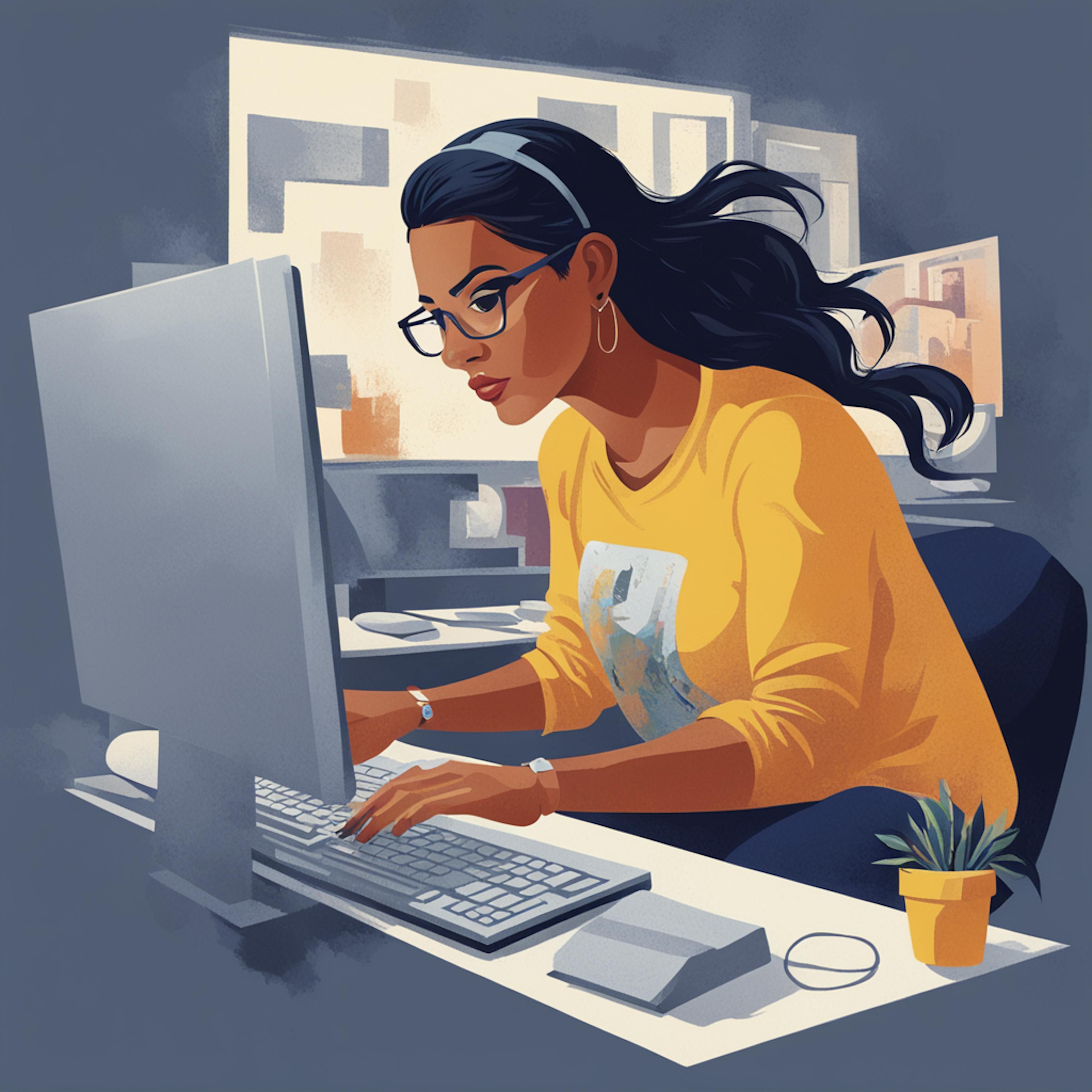 An illustration of a focused woman working on a computer in a modern office setting, wearing a yellow shirt and glasses. The image captures the essence of productivity and creativity, highlighting the use of graphic design assets in her work.