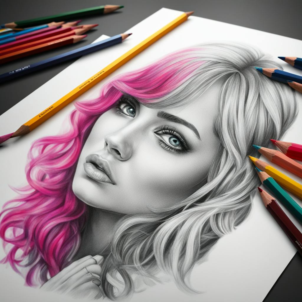black and white drawing of a woman with half her hair colored in pink. This image represents color pencils clip art.