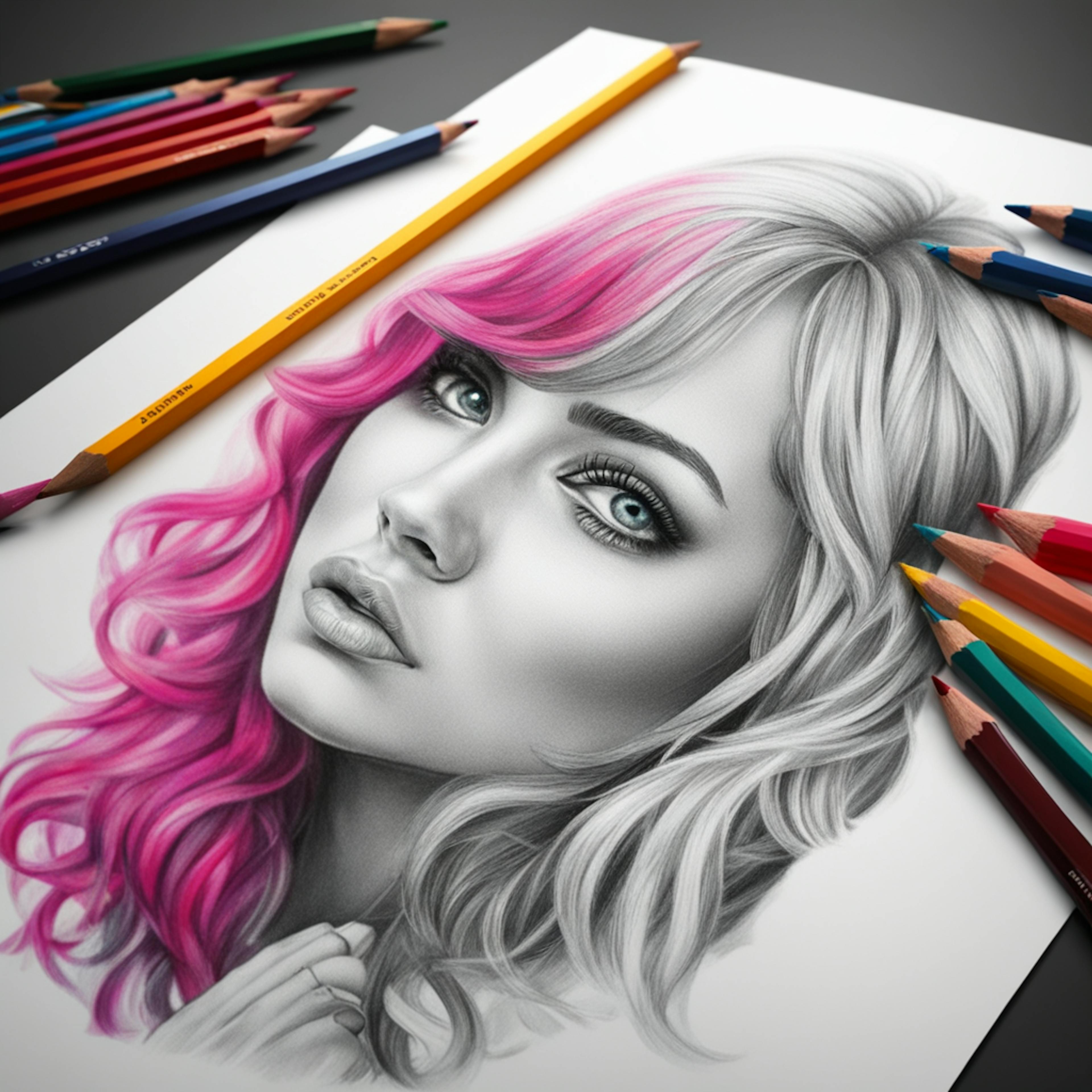 black and white drawing of a woman with half her hair colored in pink. This image represents color pencils clip art. 