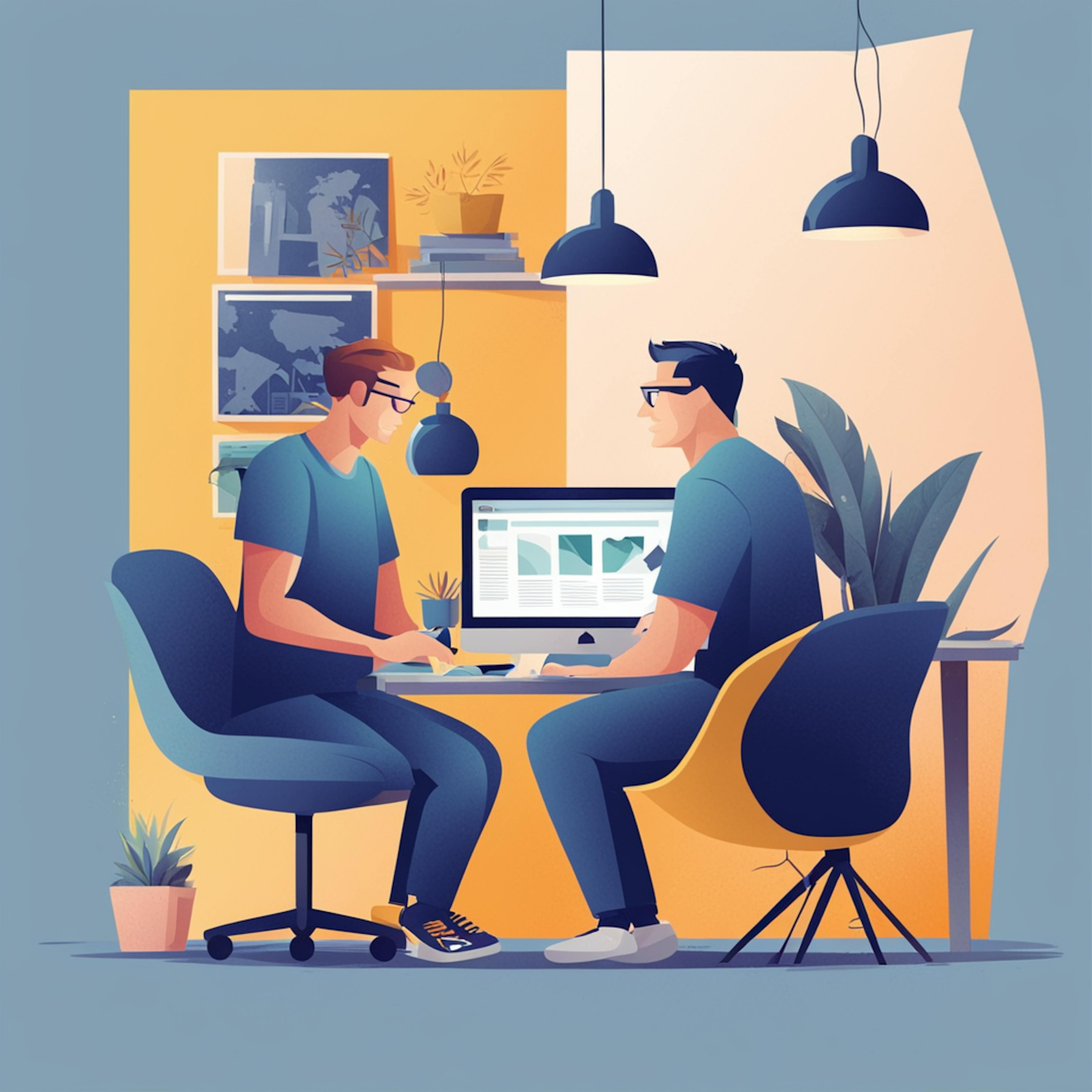 An illustration of two freelance designers collaborating at a desk, working on a computer screen displaying a website. They are in a modern office setting with plants and stylish lighting, creating a productive and creative atmosphere. This scene captures the collaborative nature of freelance designers working on websites, emphasizing teamwork and innovation.